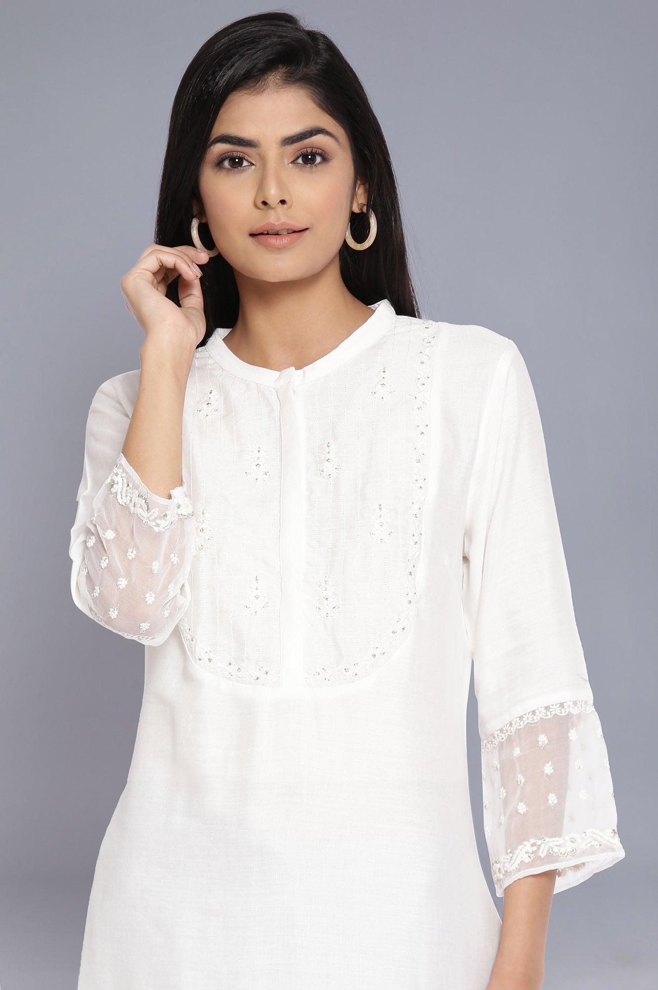 Ecru Stripe Embroidered Yoke kurta - wforwoman