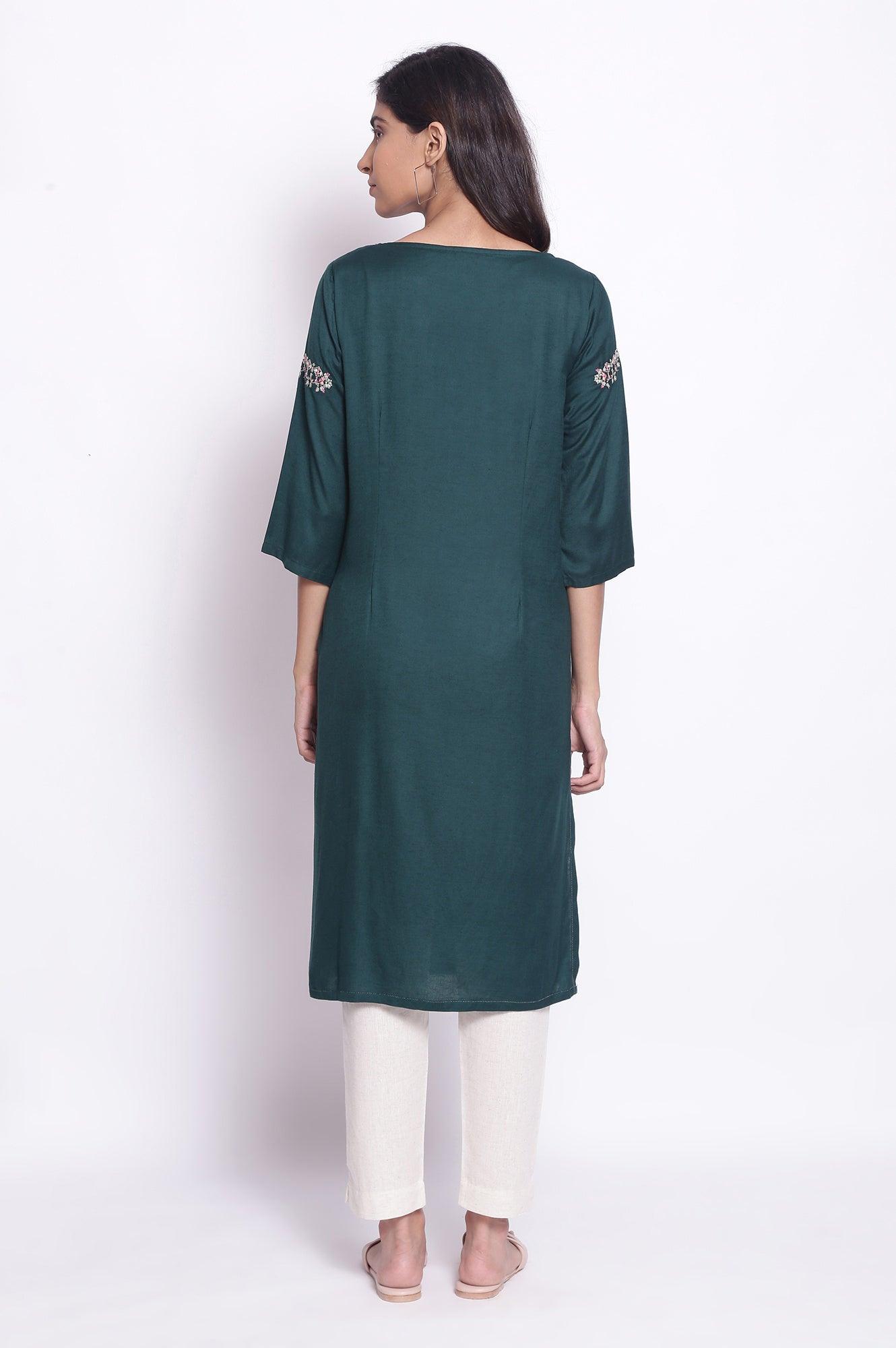 Dark Green Solid Straight kurta - wforwoman