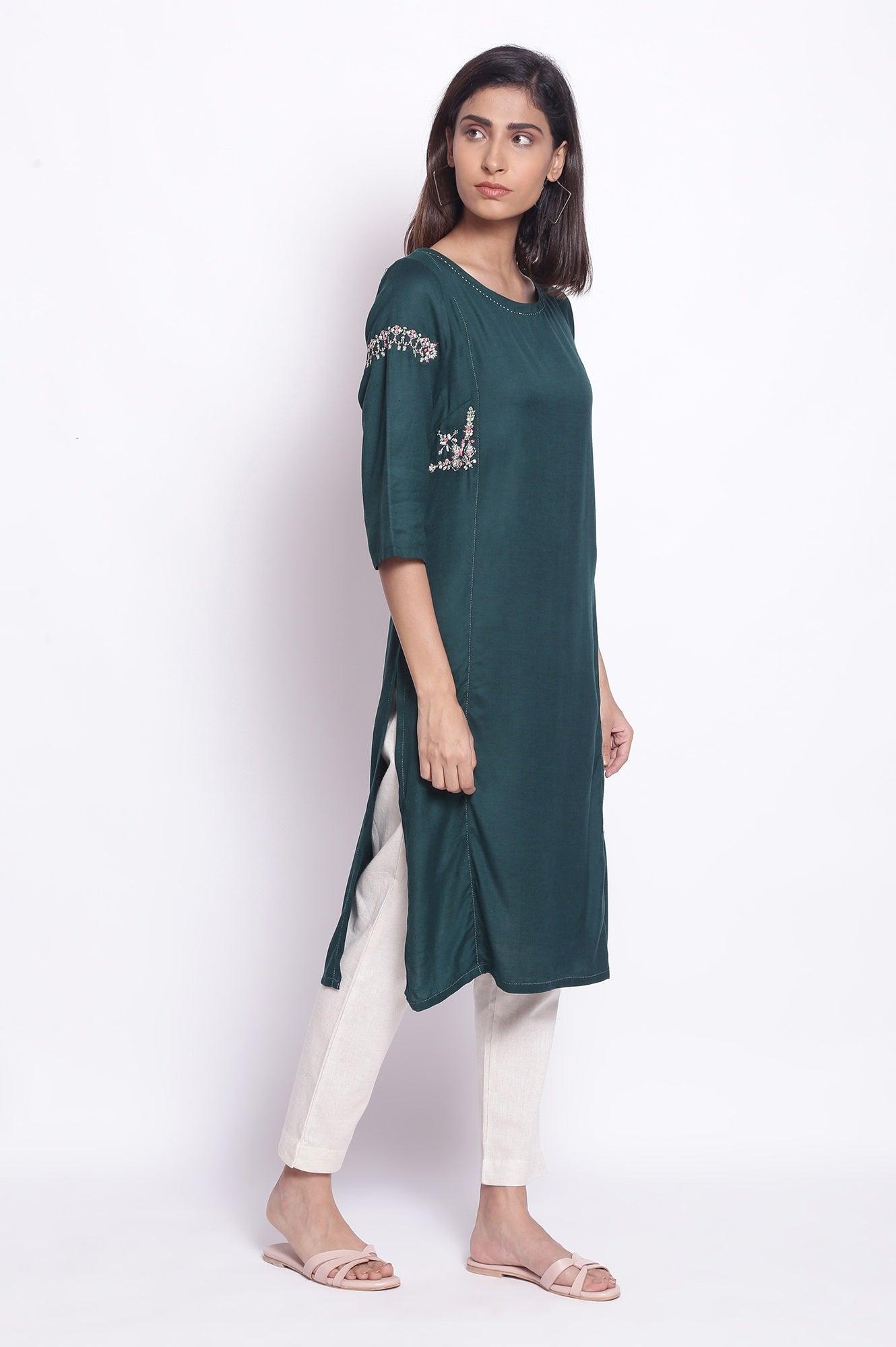 Dark Green Solid Straight kurta - wforwoman