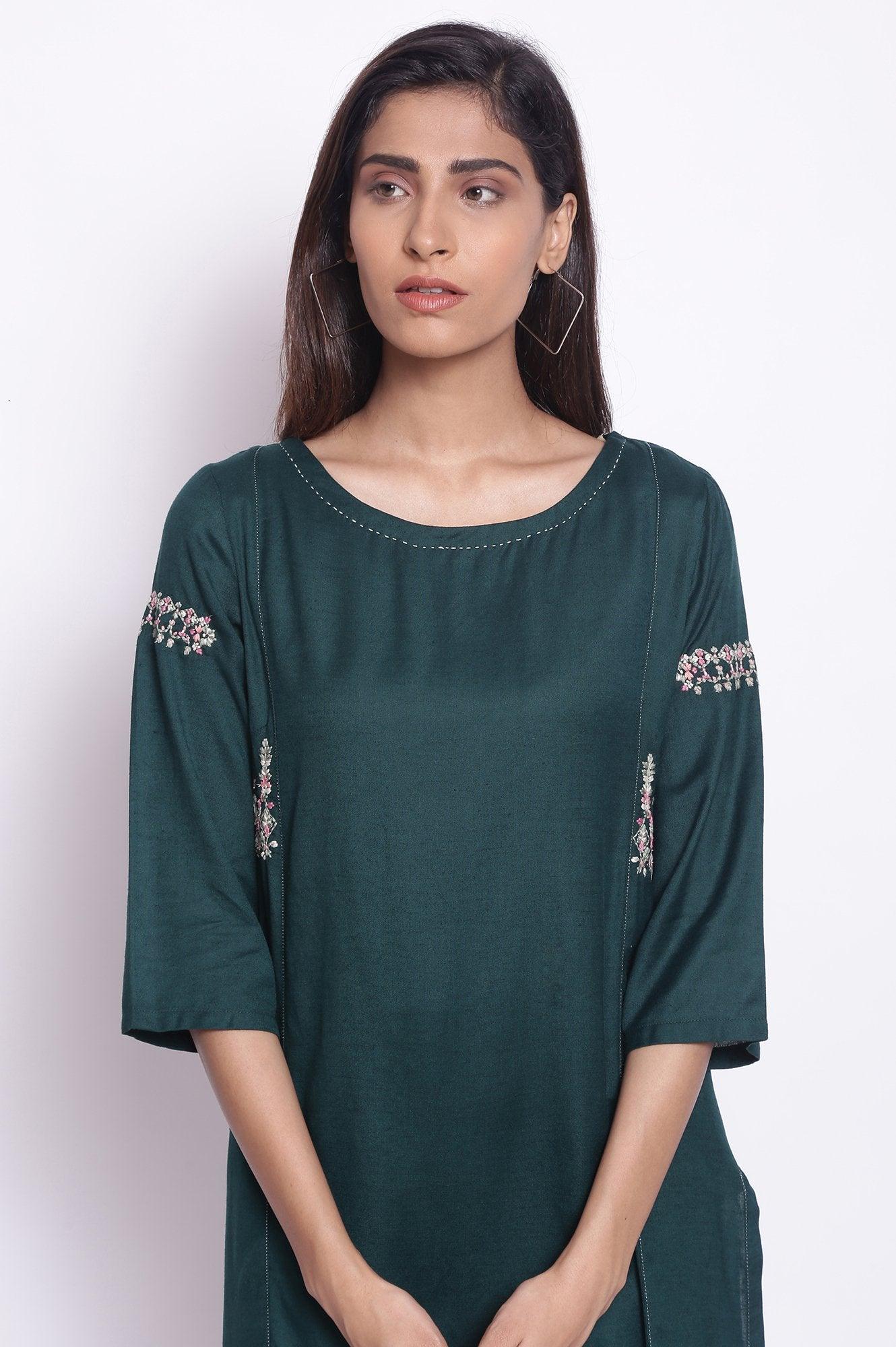 Dark Green Solid Straight kurta - wforwoman