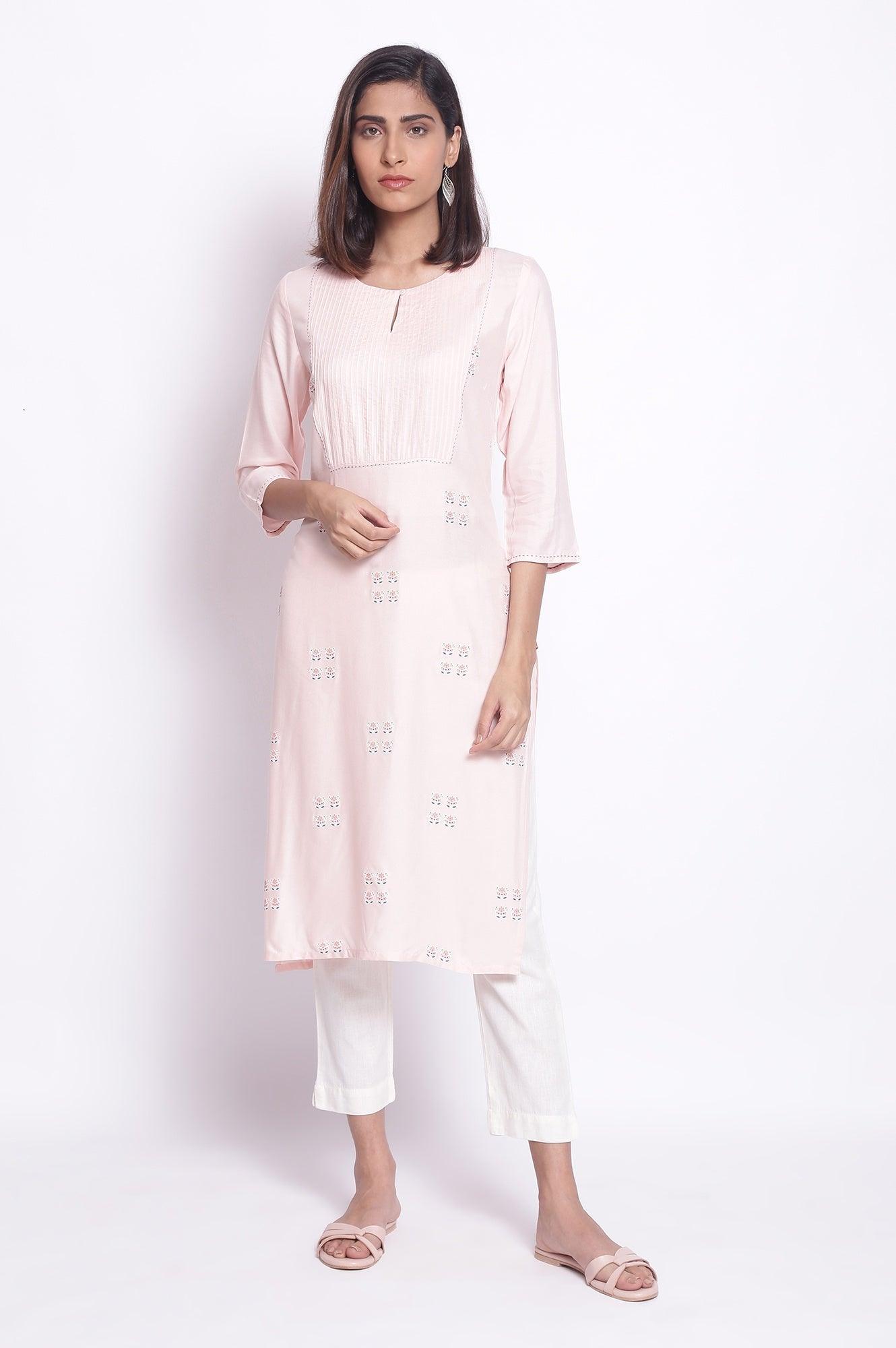 Peach Pink kurta with Pintuck on Yoke - wforwoman