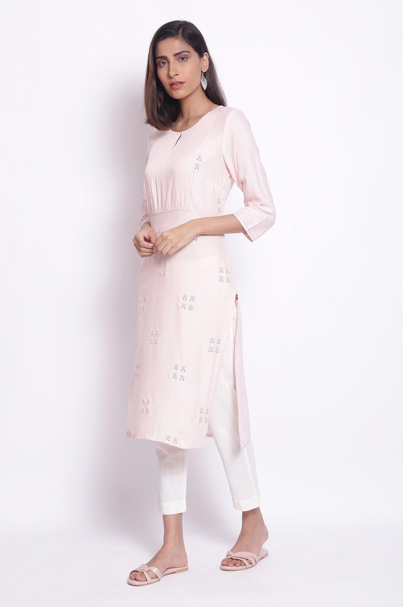 Peach Pink kurta with Pintuck on Yoke - wforwoman