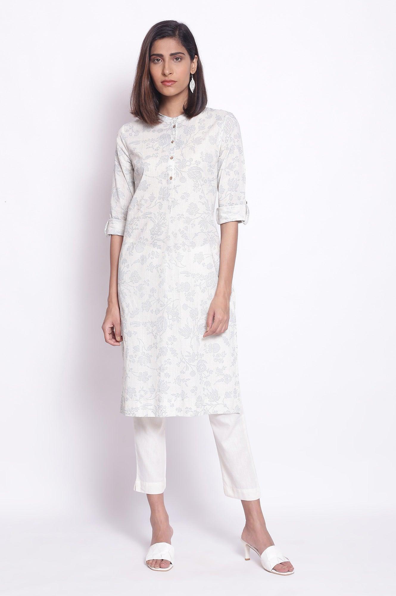 White and Blue Printed kurta - wforwoman