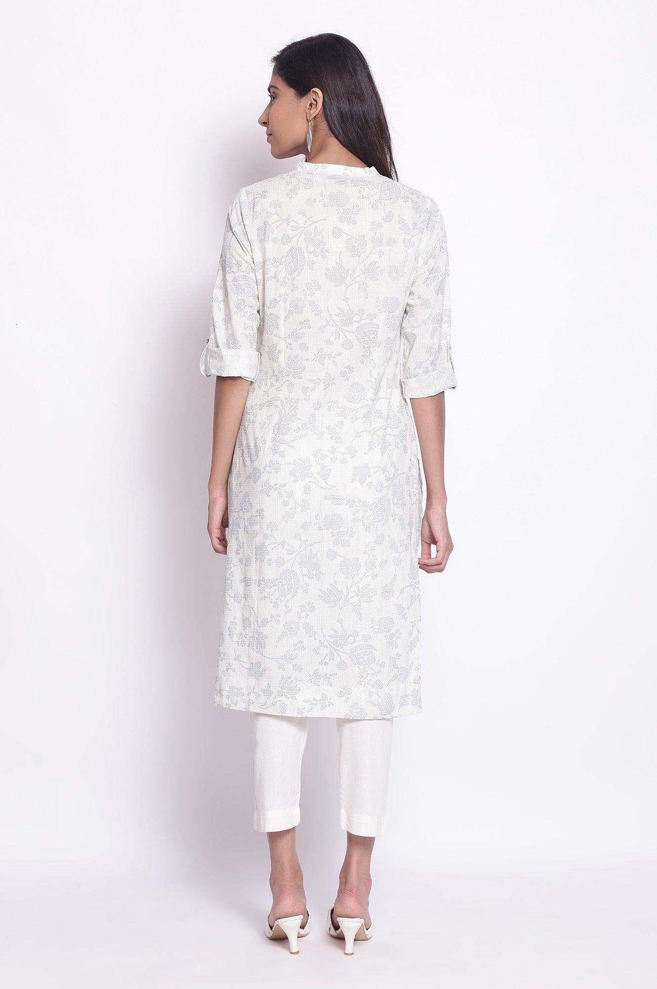 White and Blue Printed kurta - wforwoman