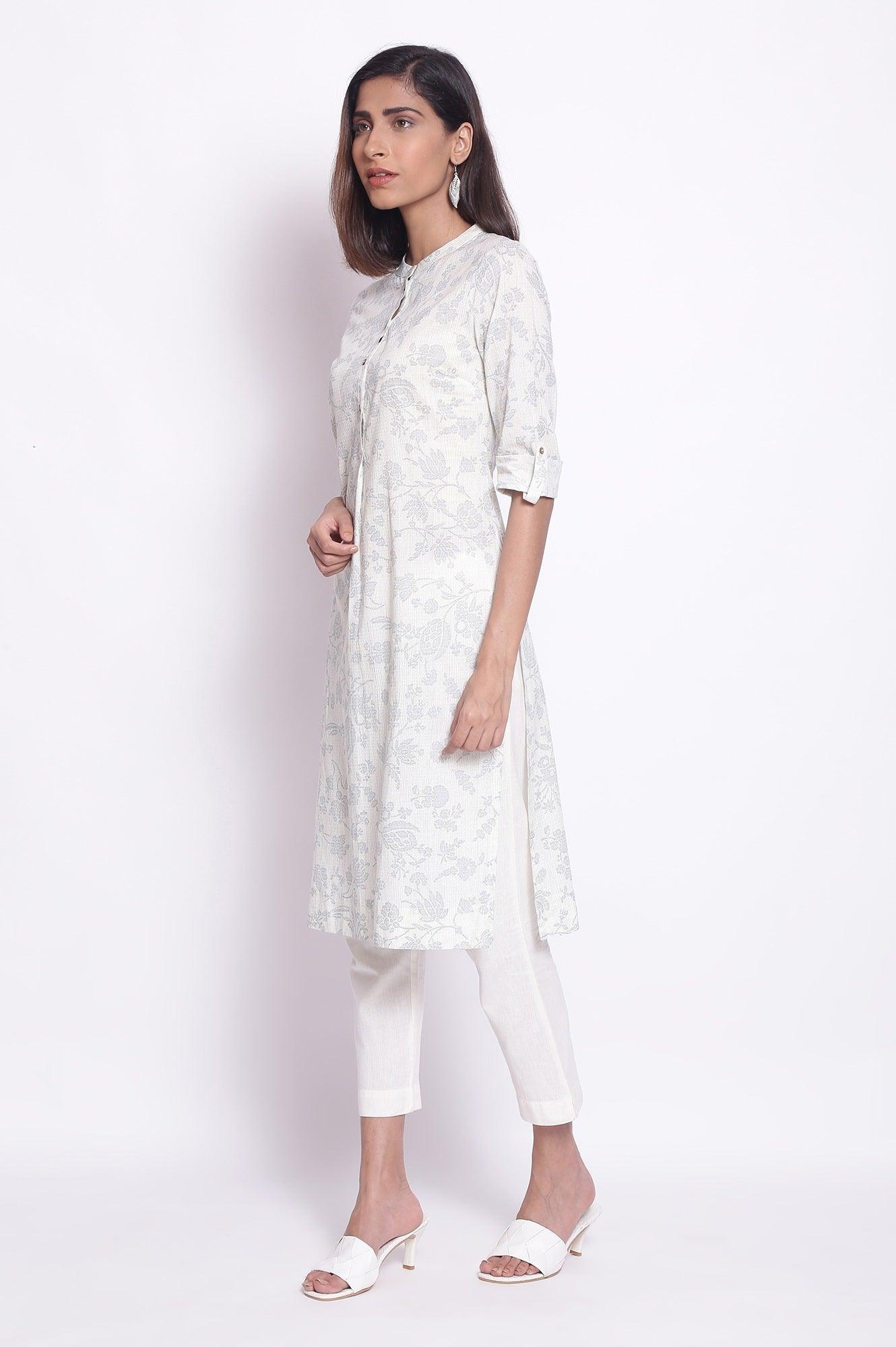 White and Blue Printed kurta - wforwoman