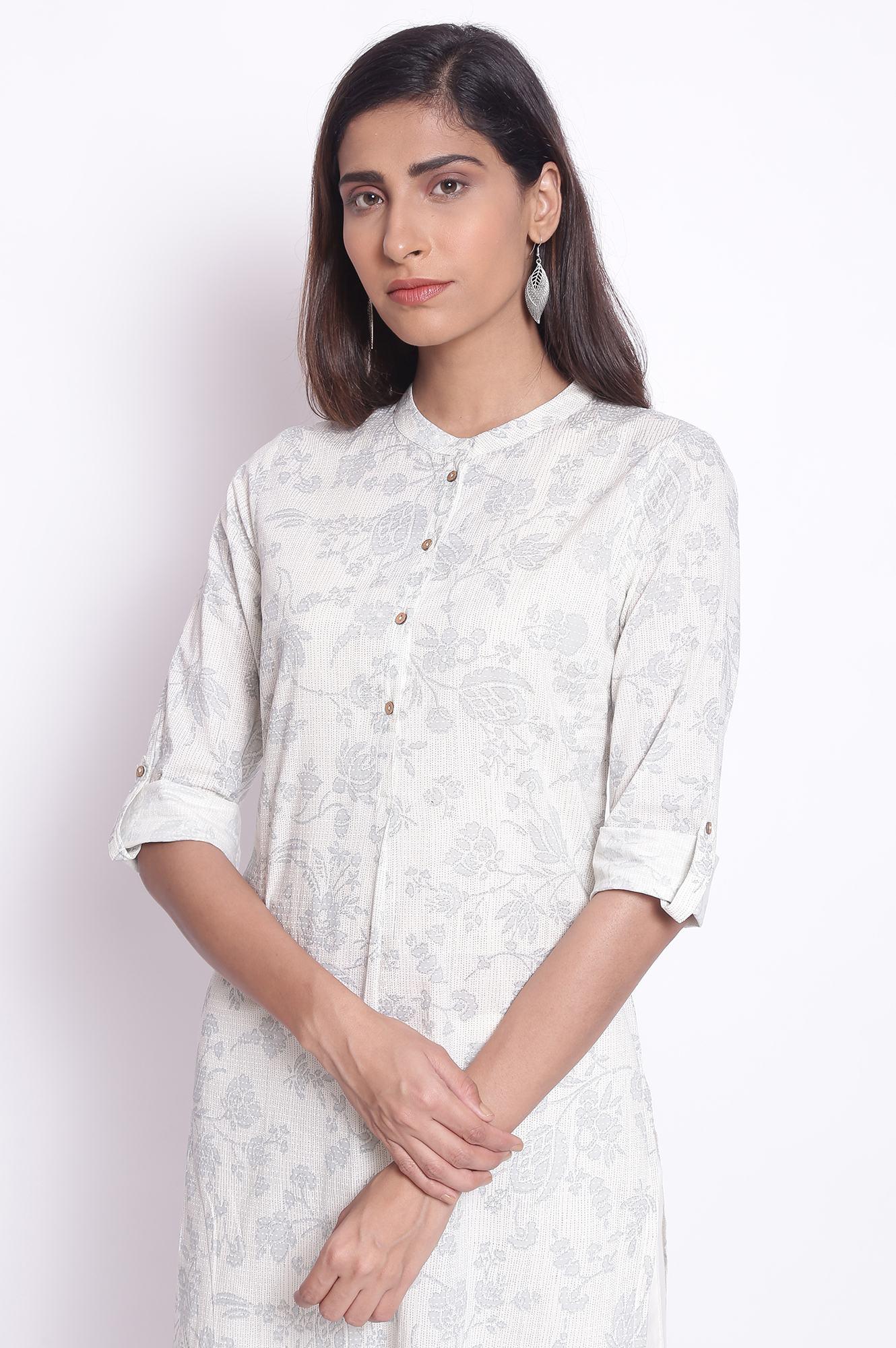 White and Blue Printed kurta - wforwoman