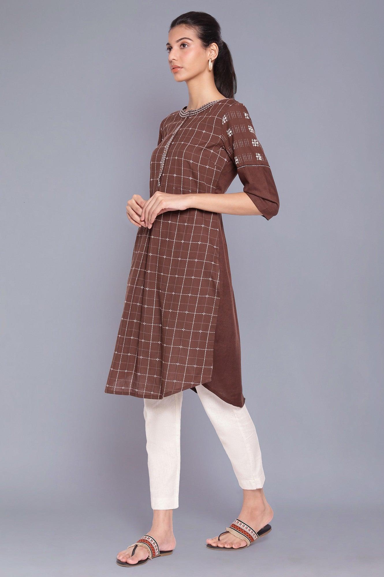 Dark Brown Checks kurta - wforwoman