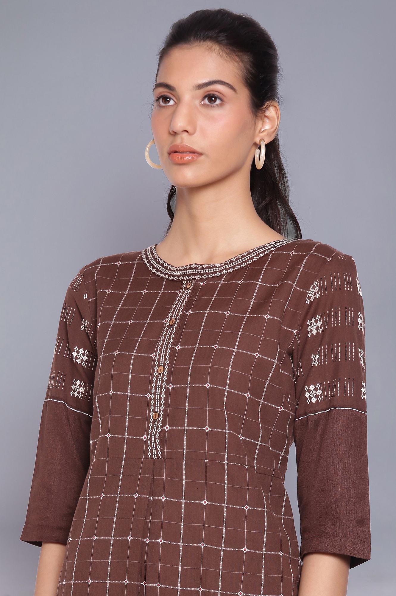 Dark Brown Checks kurta - wforwoman