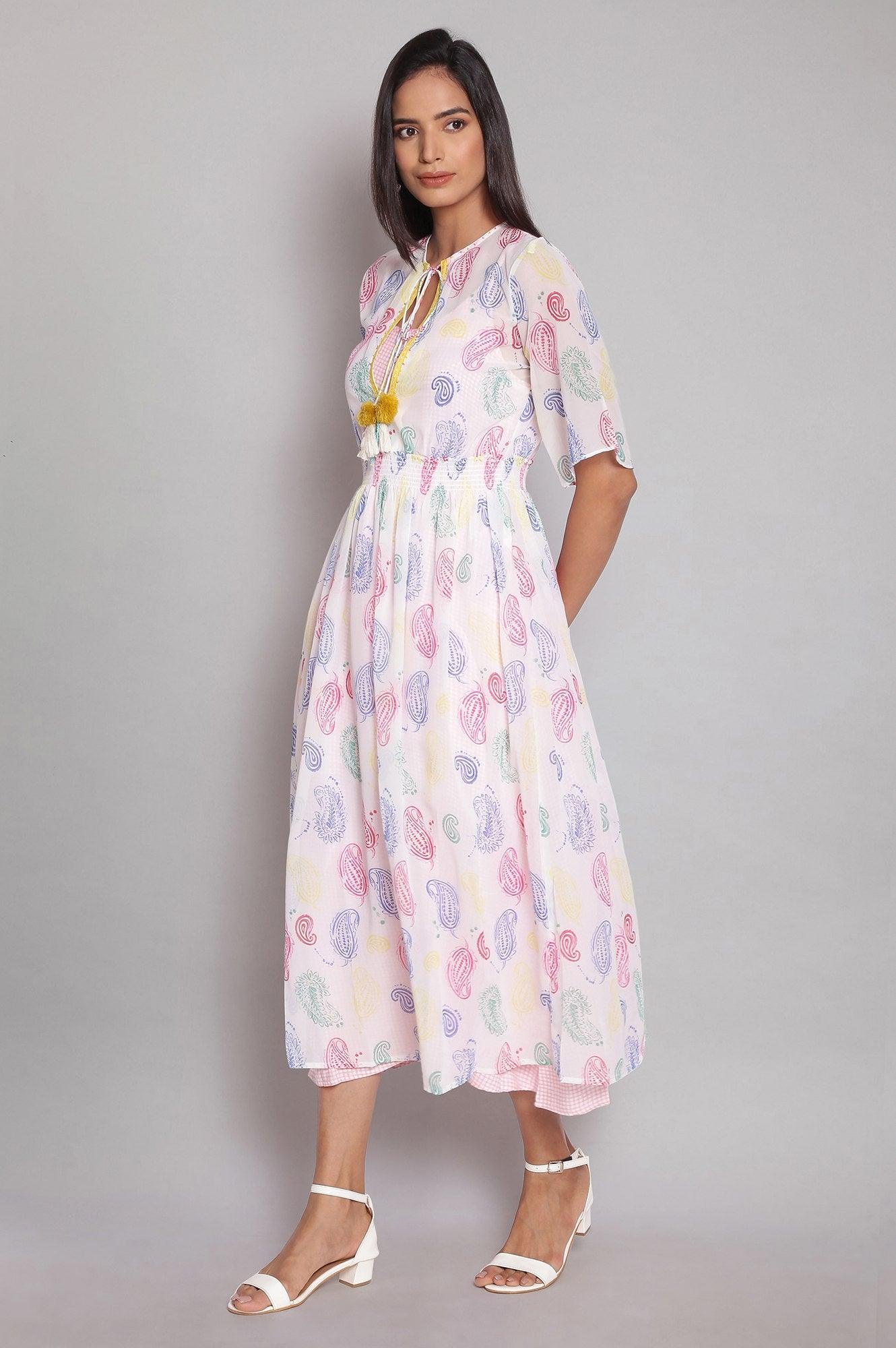 Ecru Layered Dress with Multicoloured Print - wforwoman