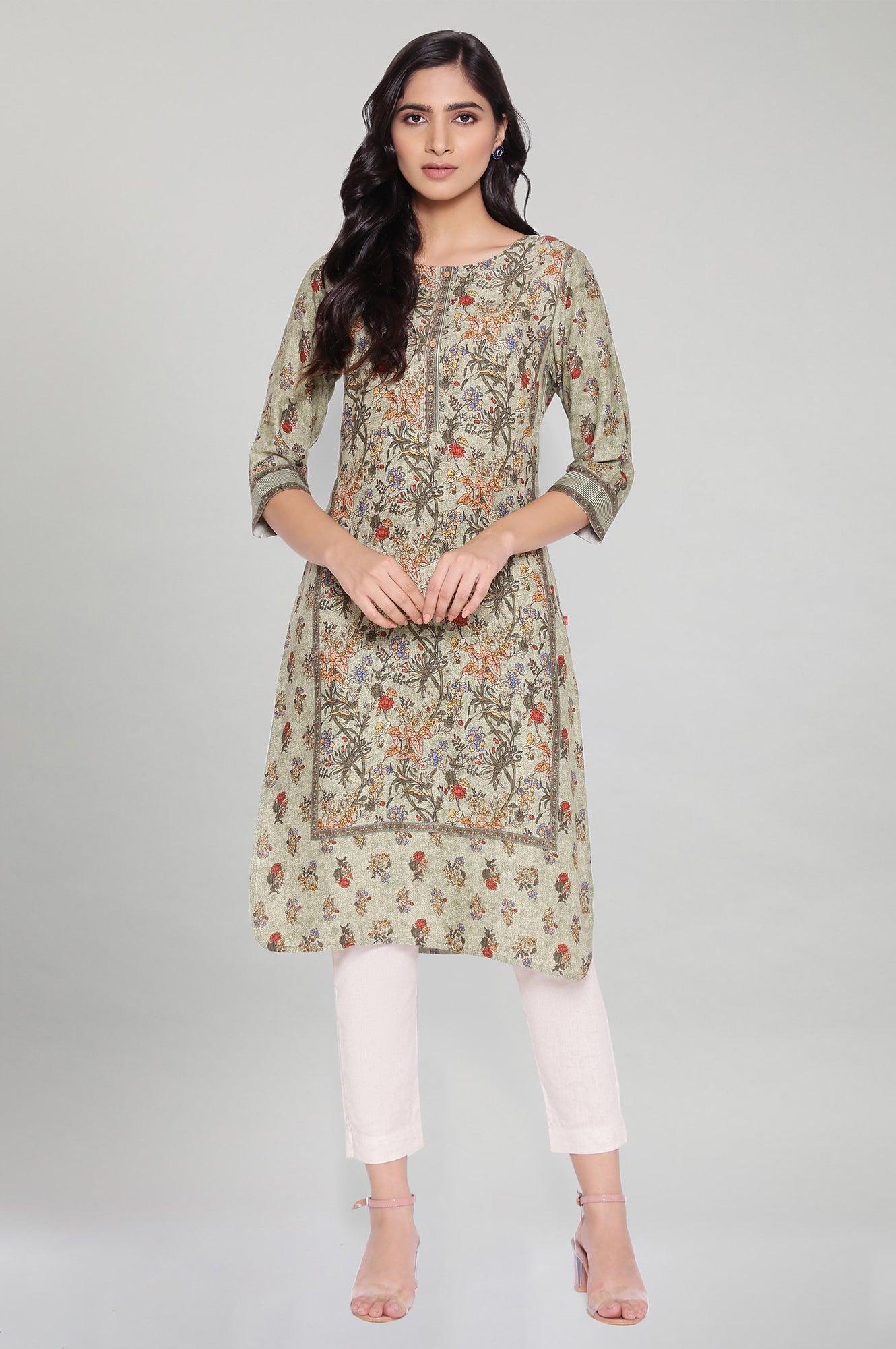 Smoked Green All-over Print kurta - wforwoman
