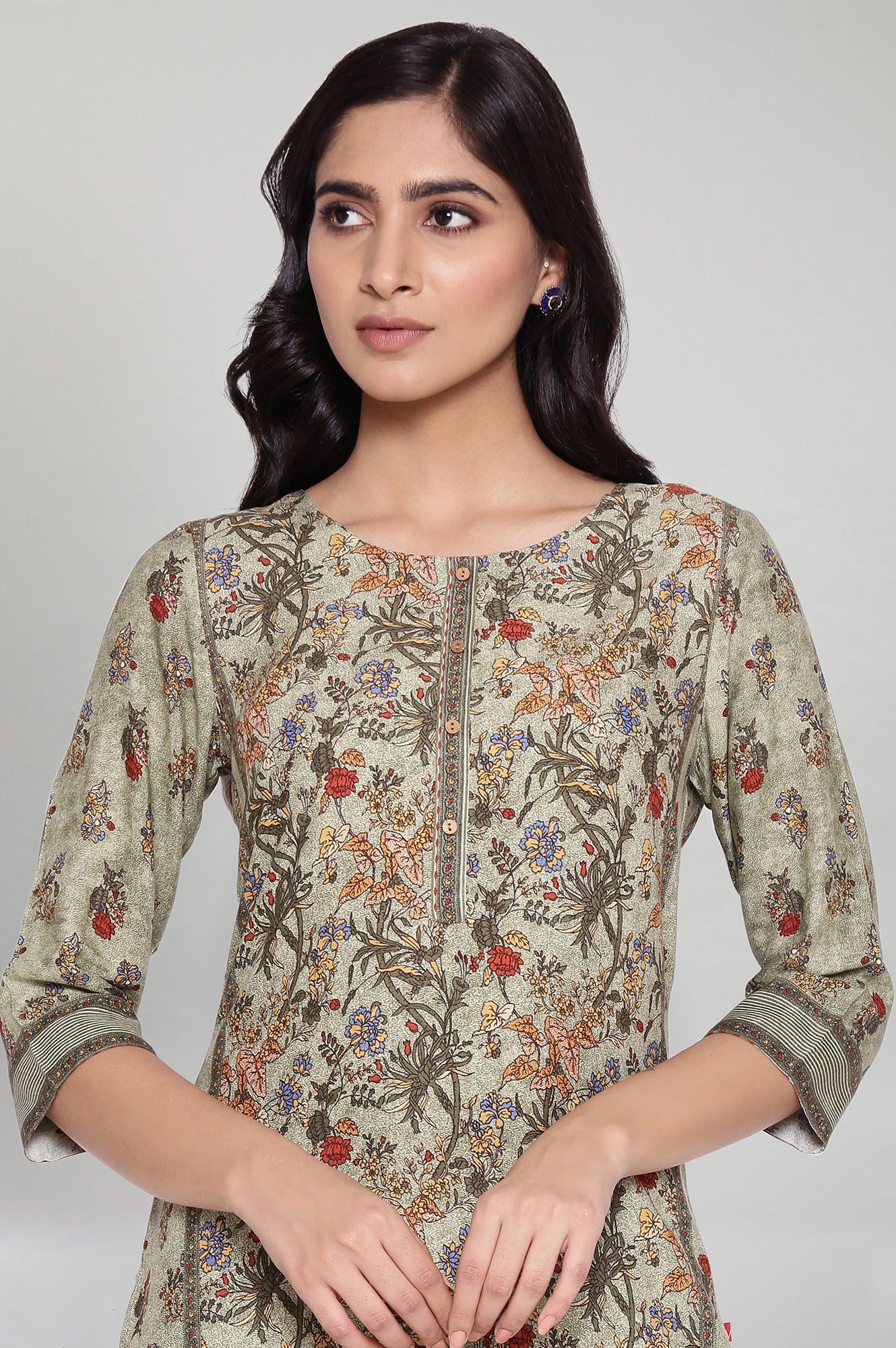 Smoked Green All-over Print kurta - wforwoman