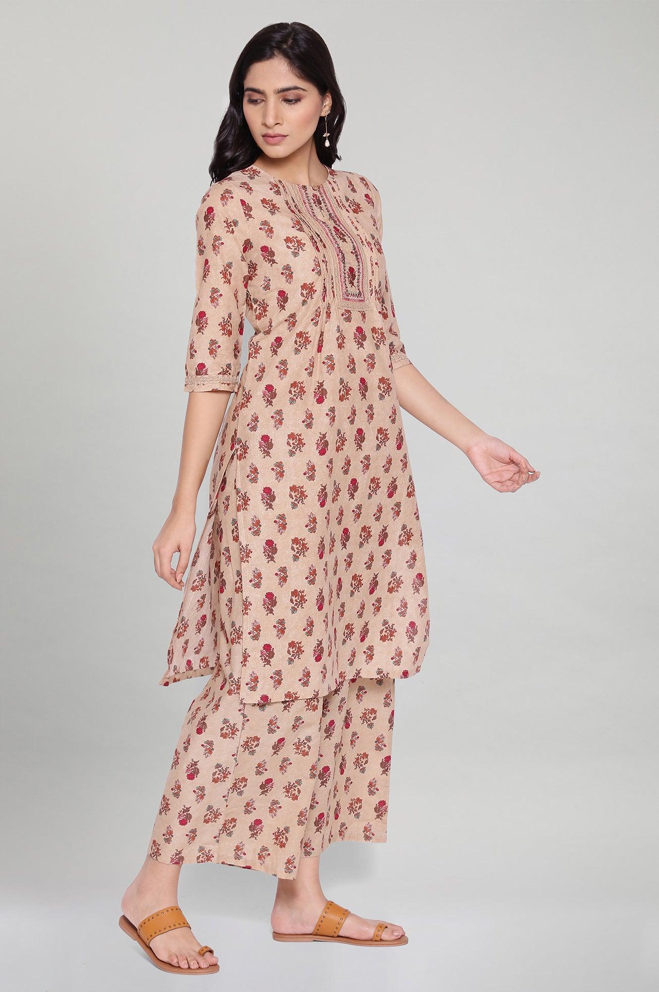 Beige All-Over Print kurta - wforwoman