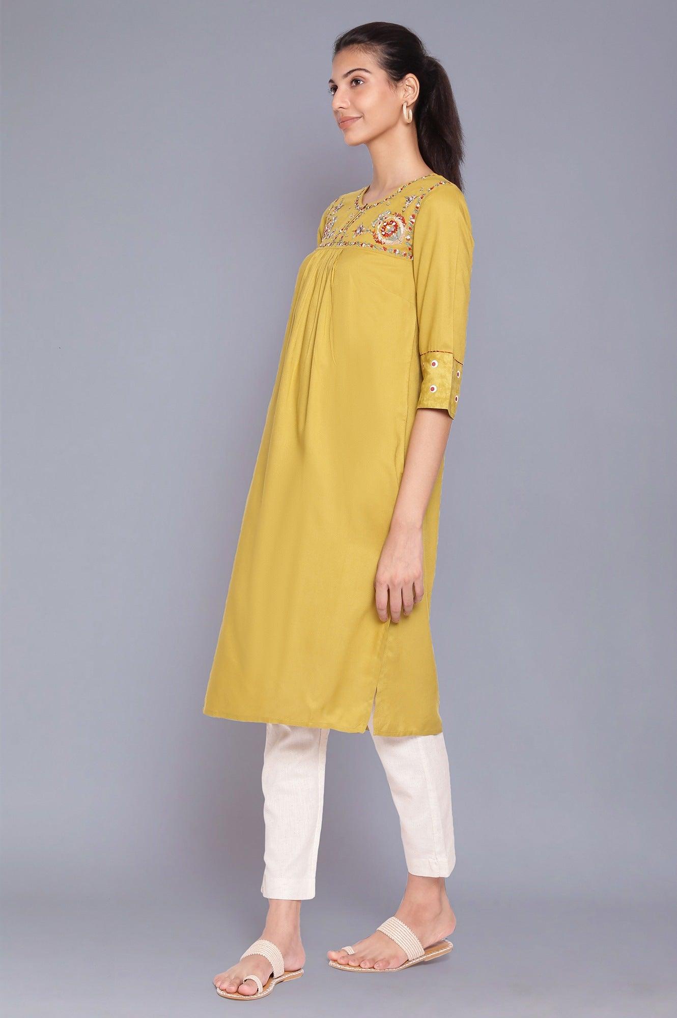 Celery Green Embroidered Yoke kurta - wforwoman