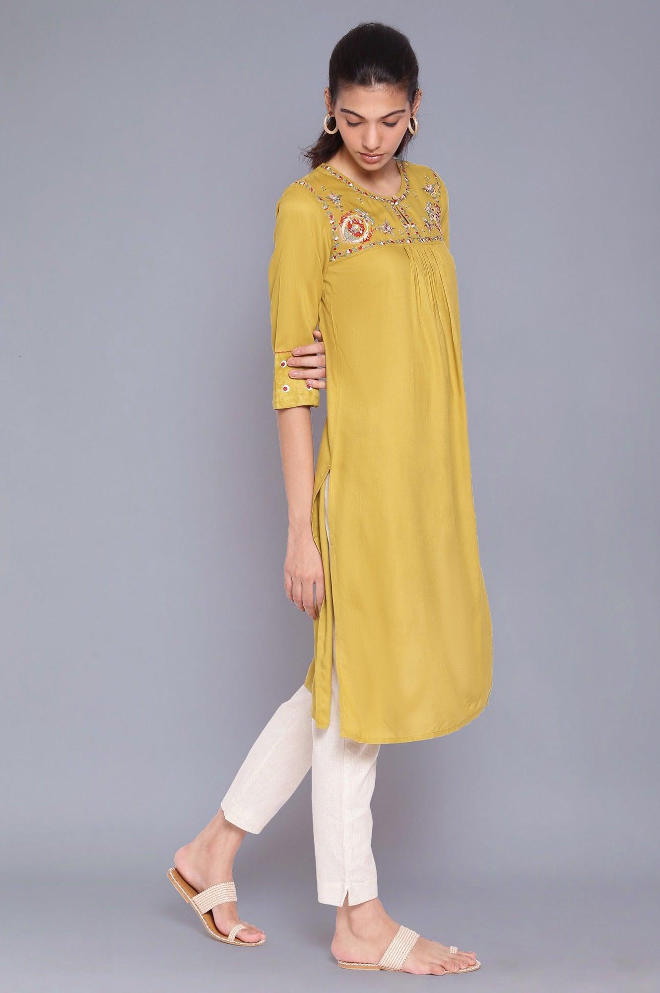 Celery Green Embroidered Yoke kurta - wforwoman