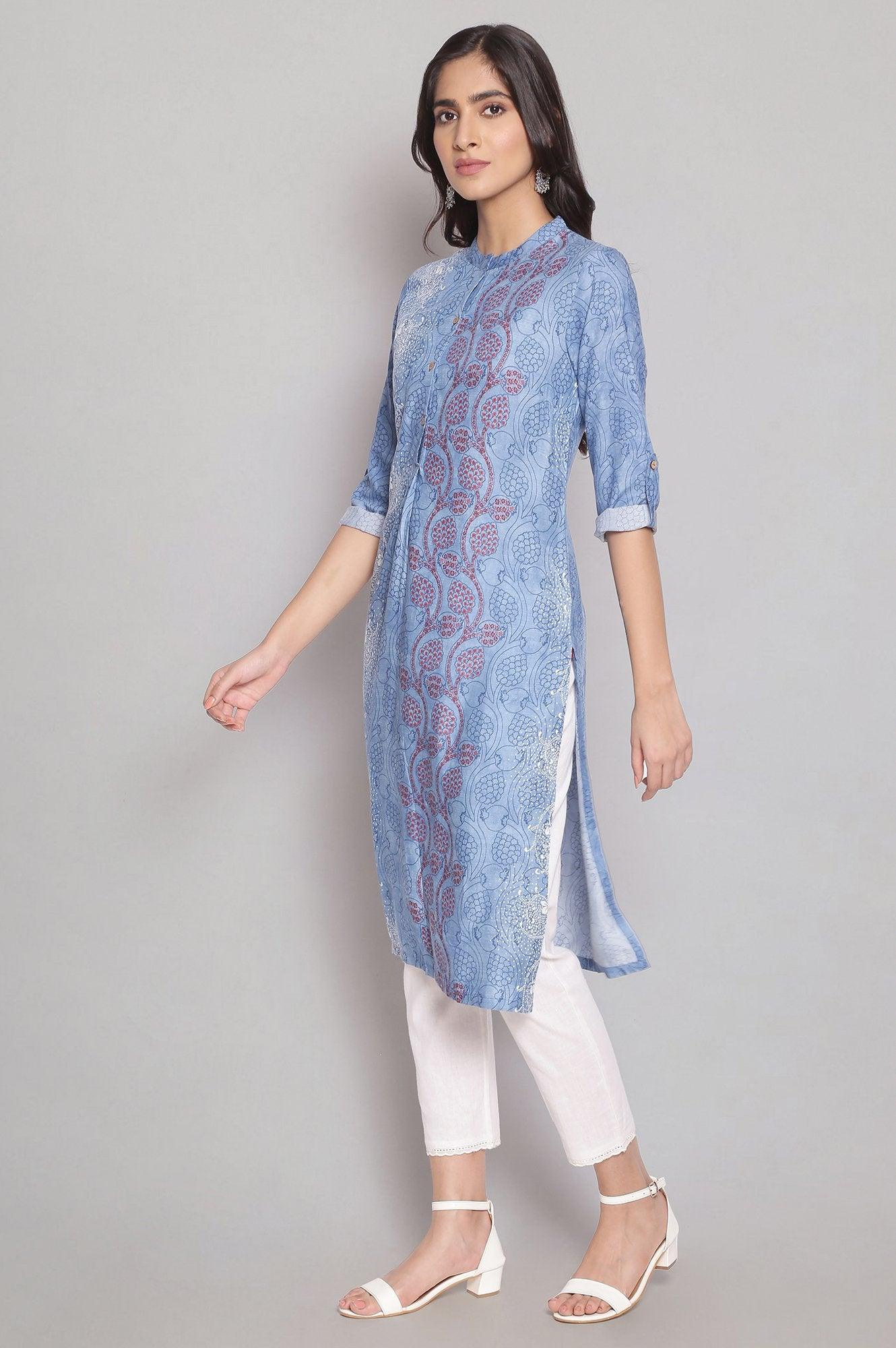 Cobalt Blue Placement kurta - wforwoman