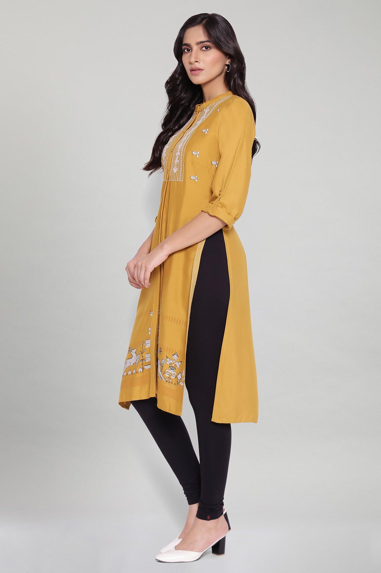 Mustard Yellow Staright Printed kurta - wforwoman