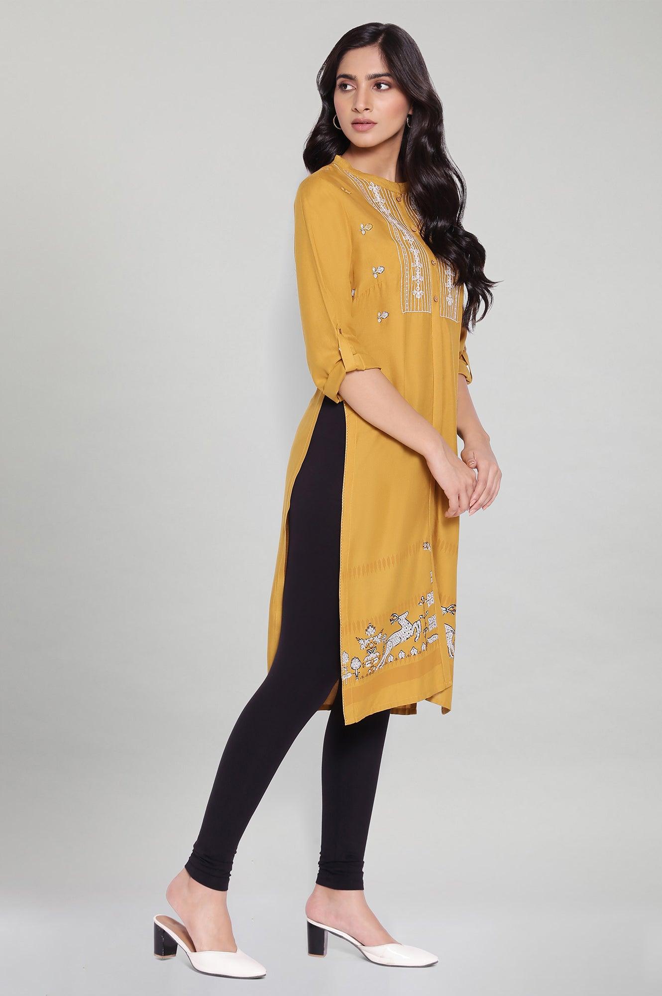 Mustard Yellow Staright Printed kurta - wforwoman