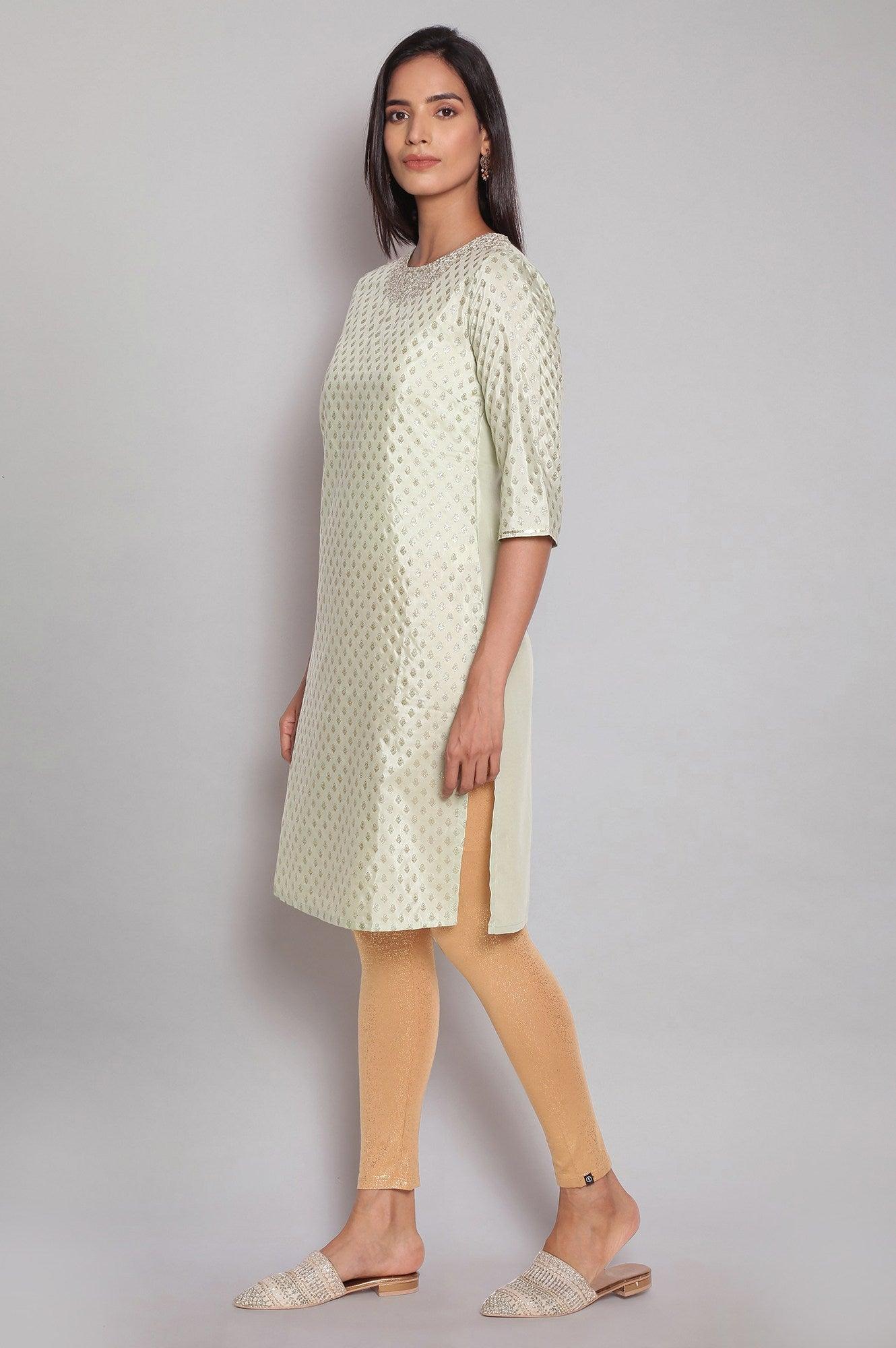 Ecru Festive Round Neck kurta With Dori Sequin - wforwoman