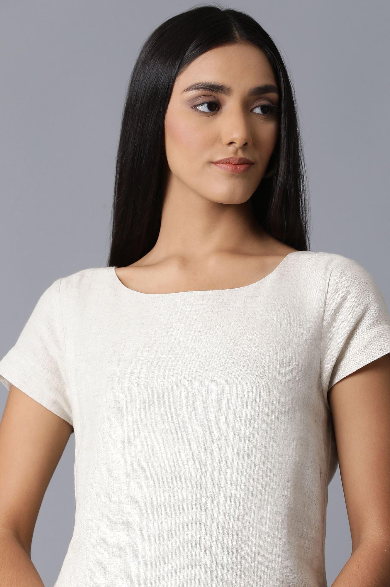 Ecru Natural Flax Embroidered Border Dress - wforwoman