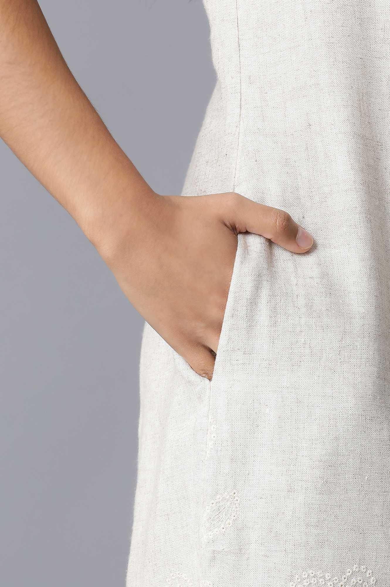 Ecru Natural Flax Embroidered Border Dress - wforwoman