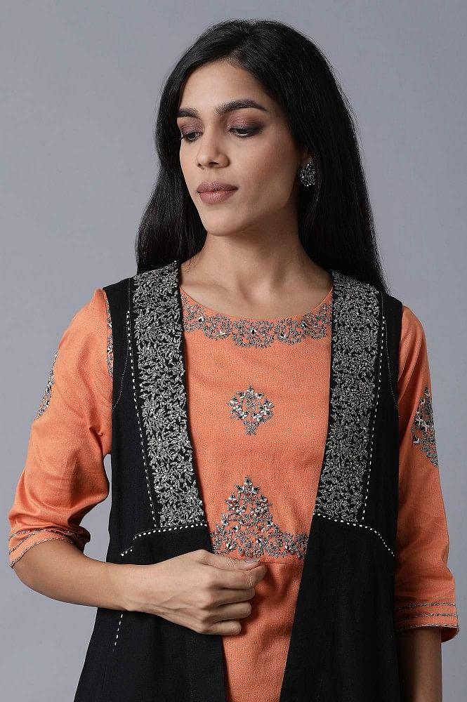 Black Sleeveless Embroidered Shrug - wforwoman