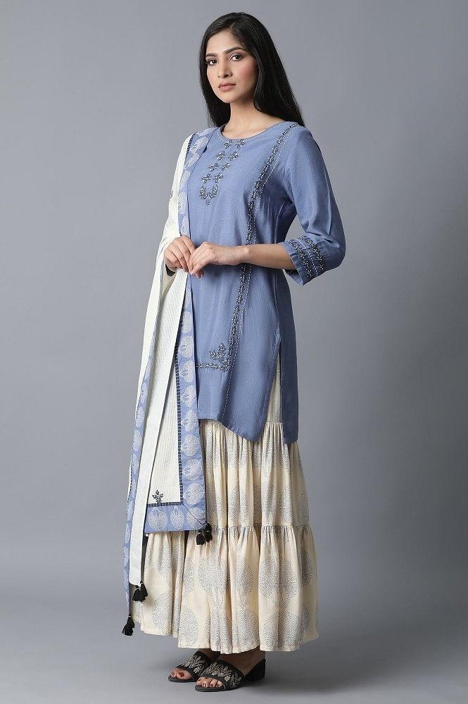 Blue kurta-Printed Sharara-Drape Set - wforwoman