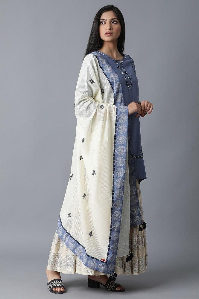 Blue kurta-Printed Sharara-Drape Set - wforwoman