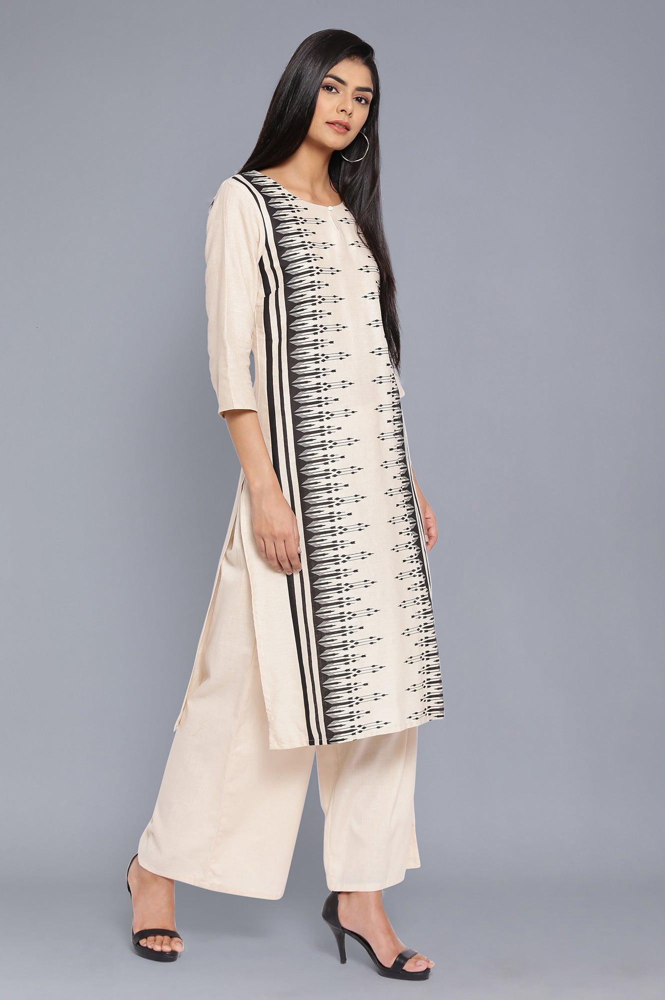 Beige Geometric Print kurta-Parallel Pants - wforwoman