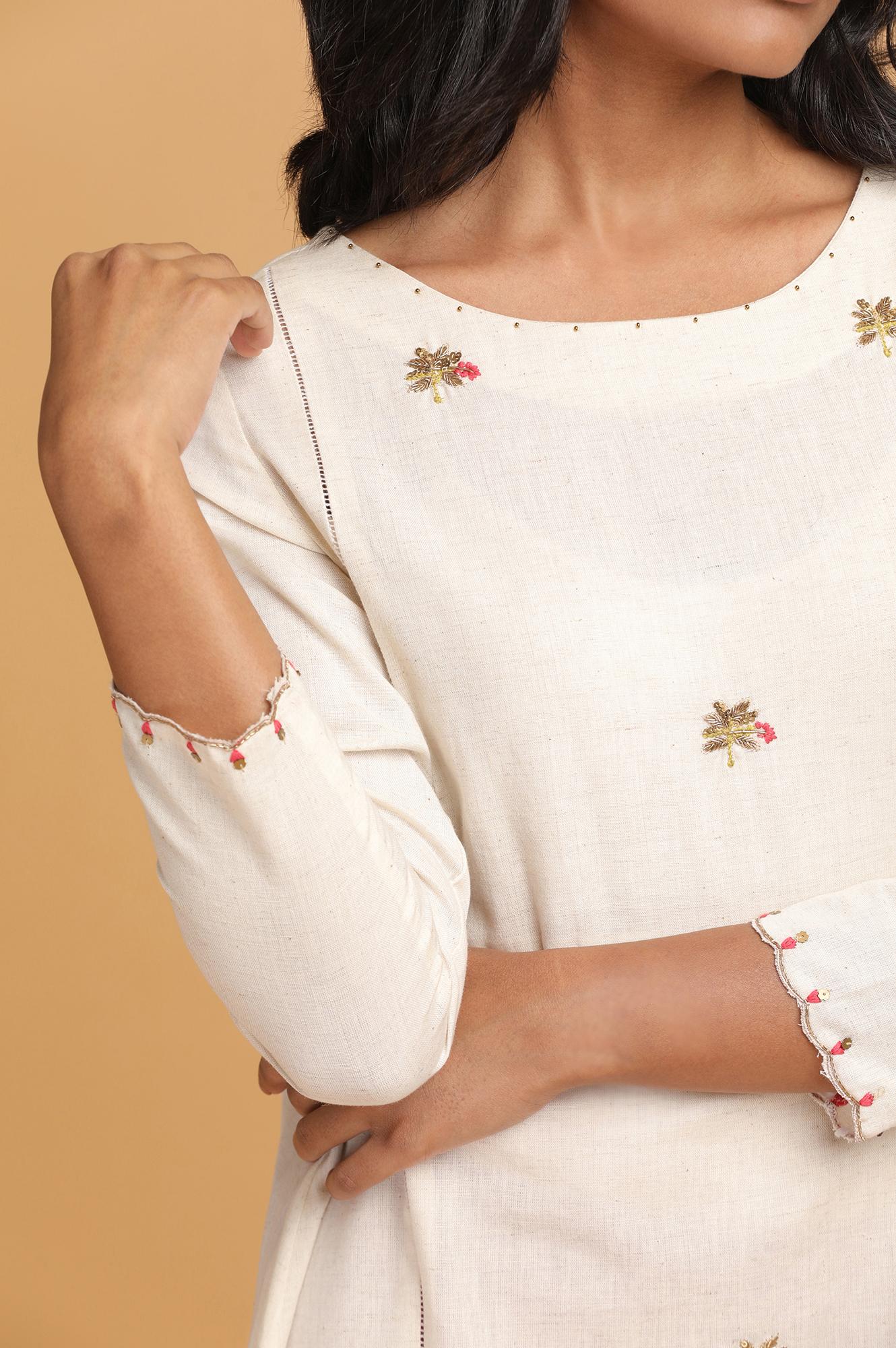 Natural Cotton Flax embroidered kurta