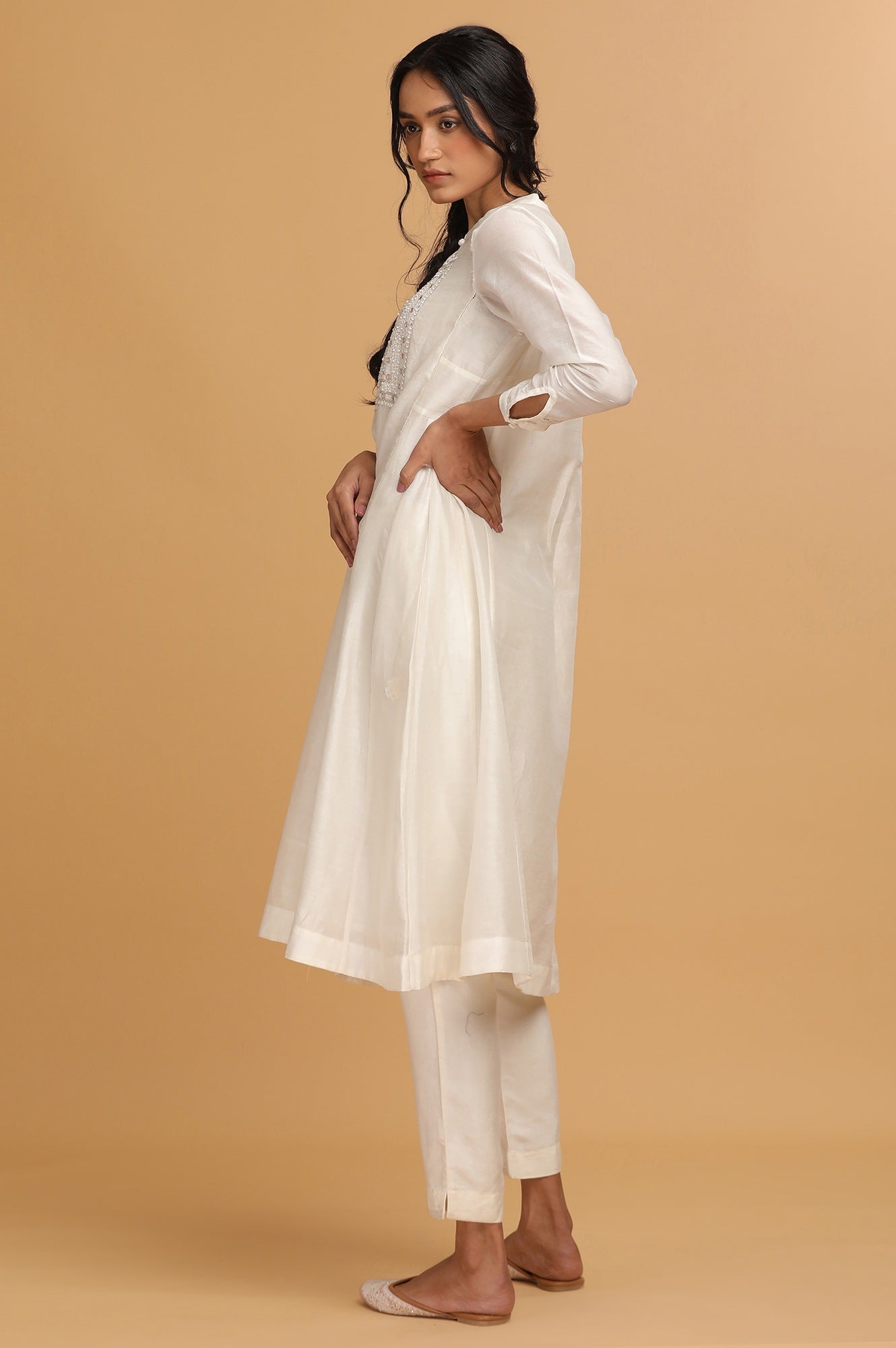 Ecru Cotton Silk Embroidered kurta