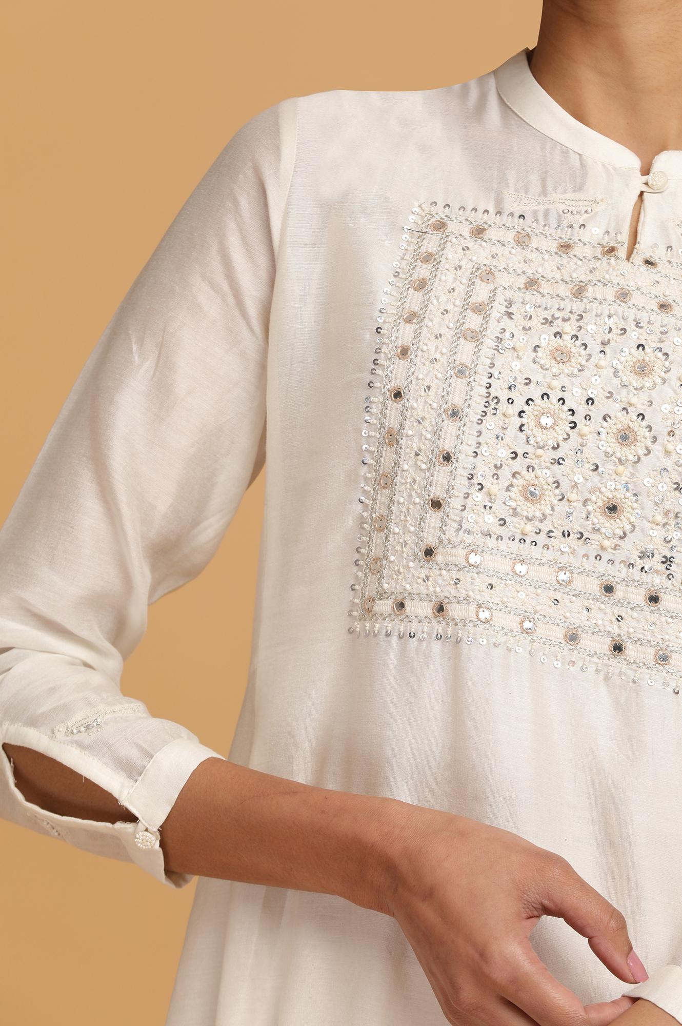 Ecru Cotton Silk Embroidered kurta