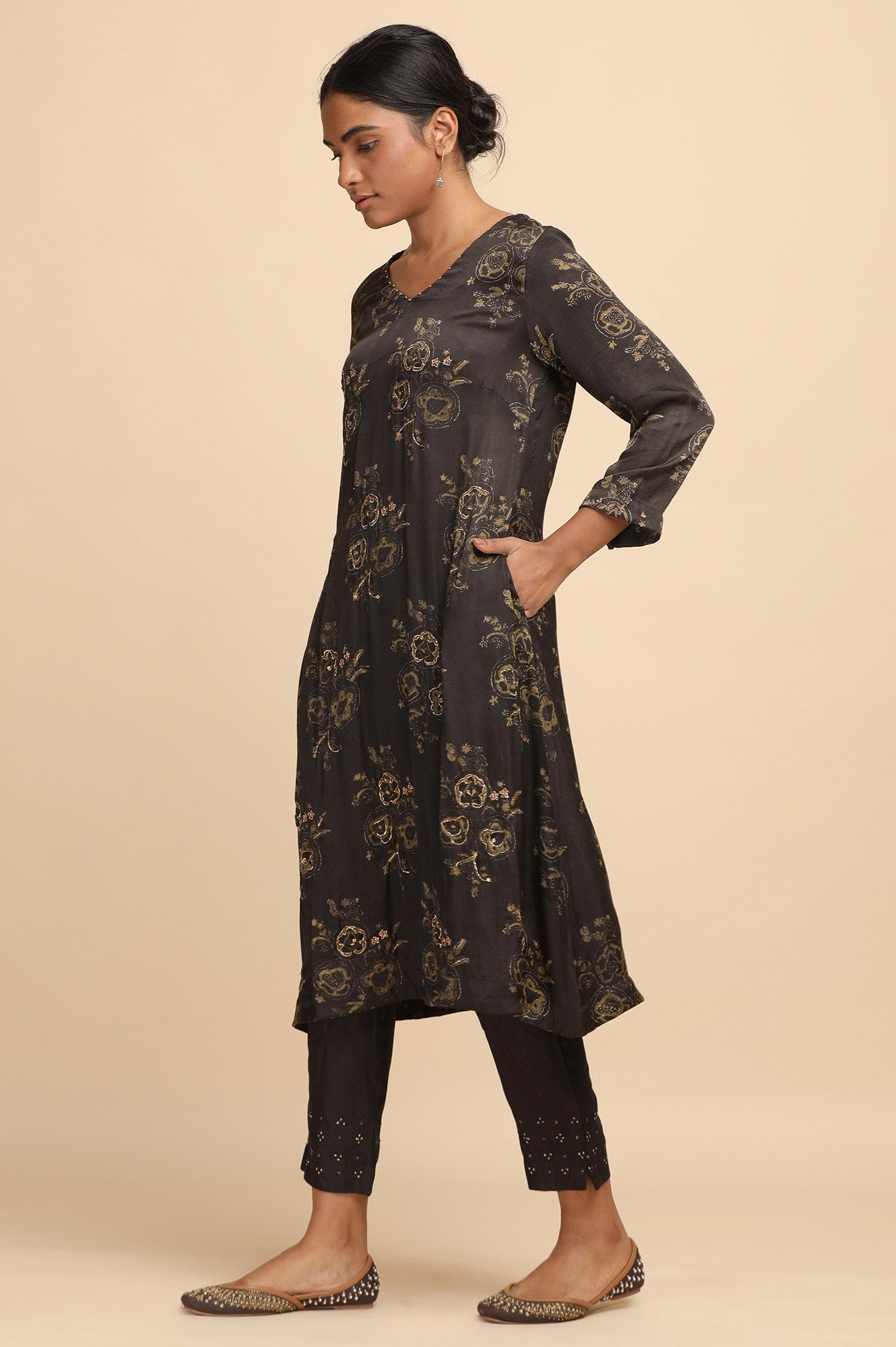 Dark Grey Ajrakh Print kurta in Modal Satin