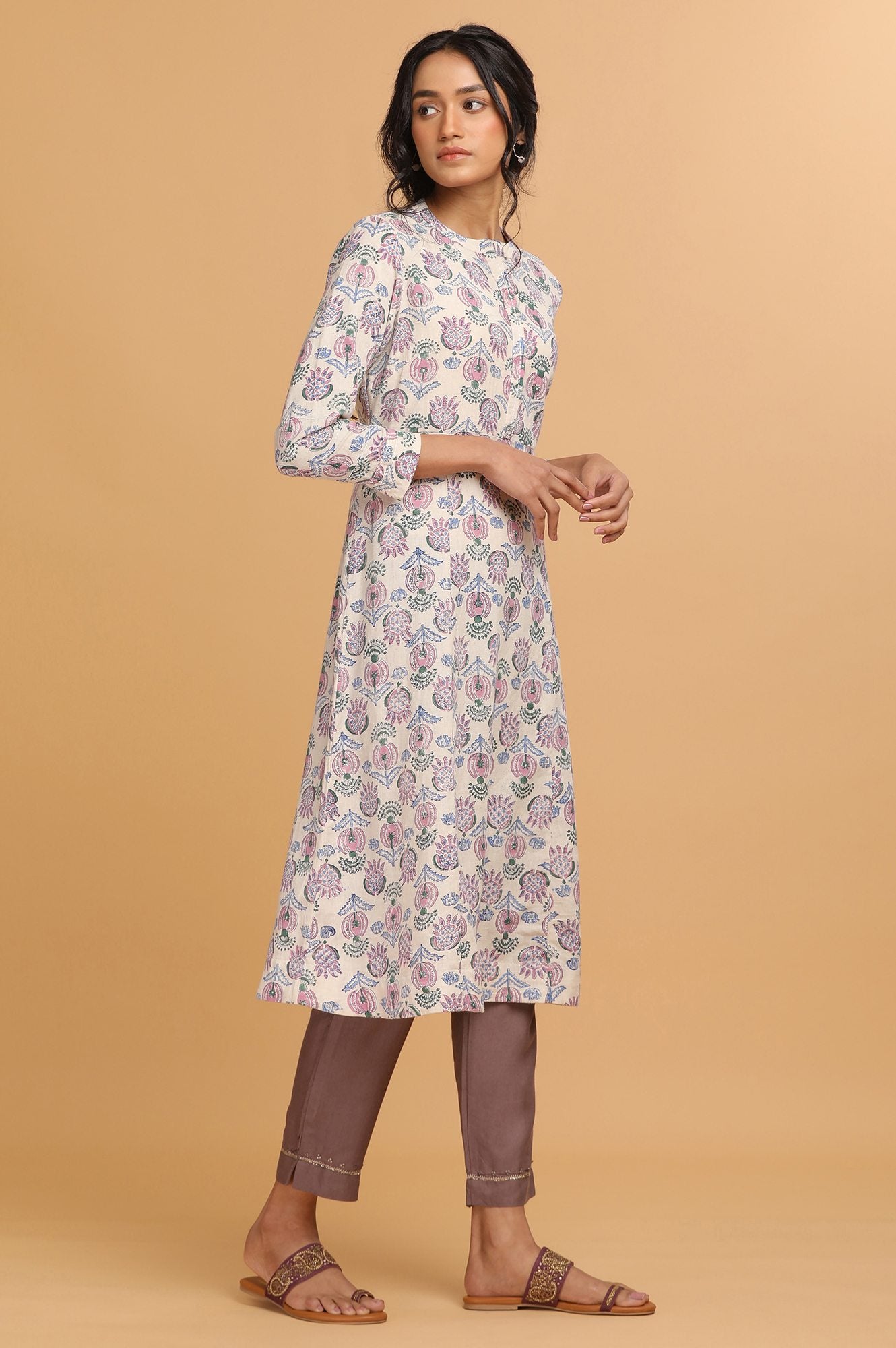 Ecru Hand Block Print Flared kurta