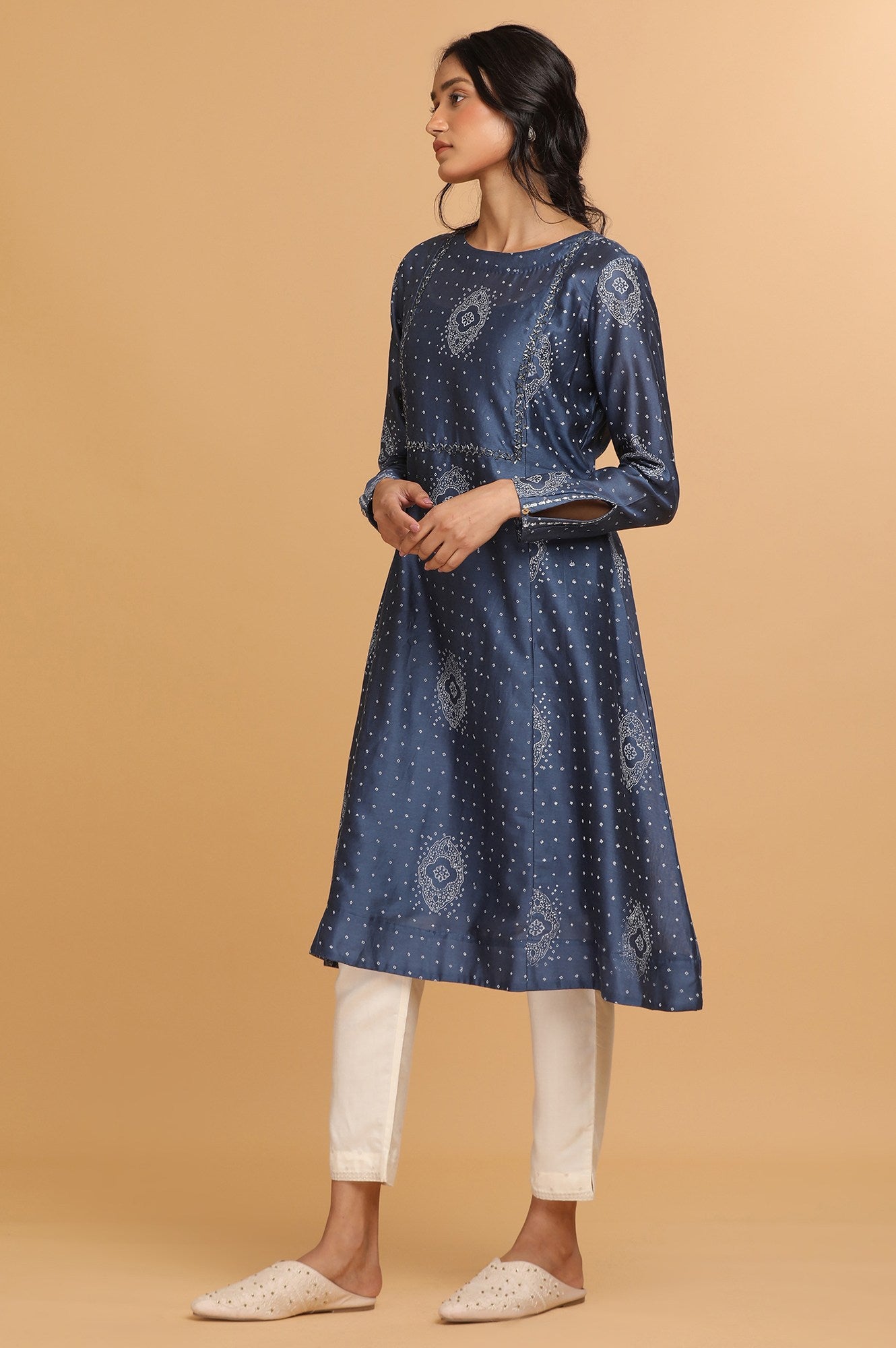 Indigo Hand Block Print kurta in Cotton Silk