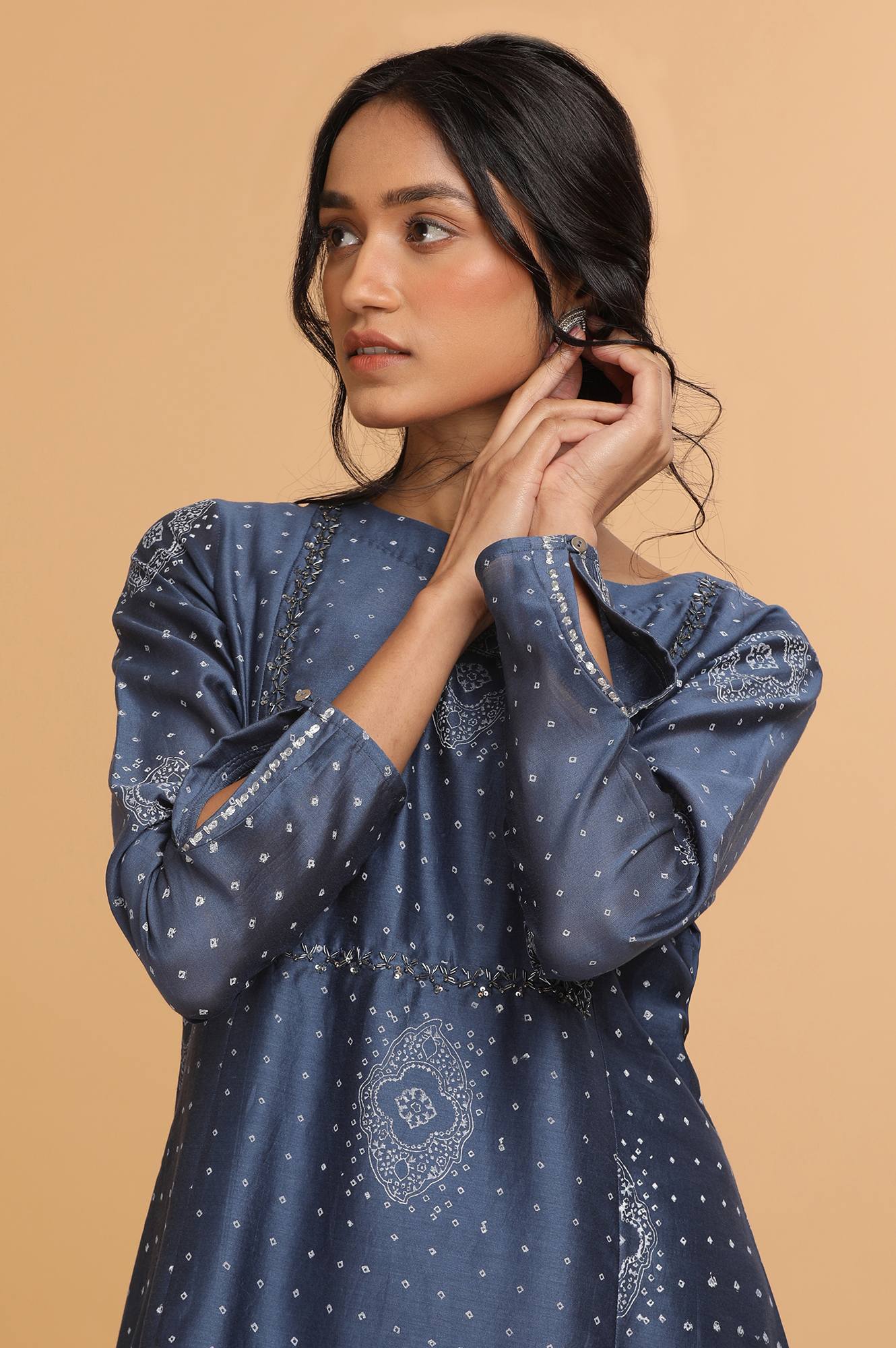 Indigo Hand Block Print kurta in Cotton Silk