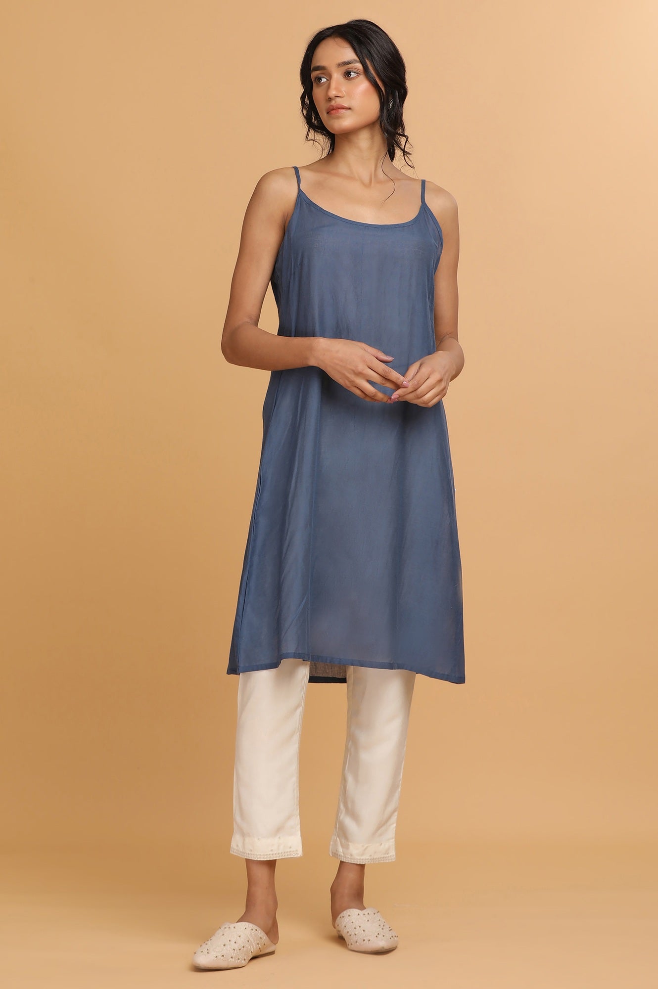 Indigo Hand Block Print kurta in Cotton Silk