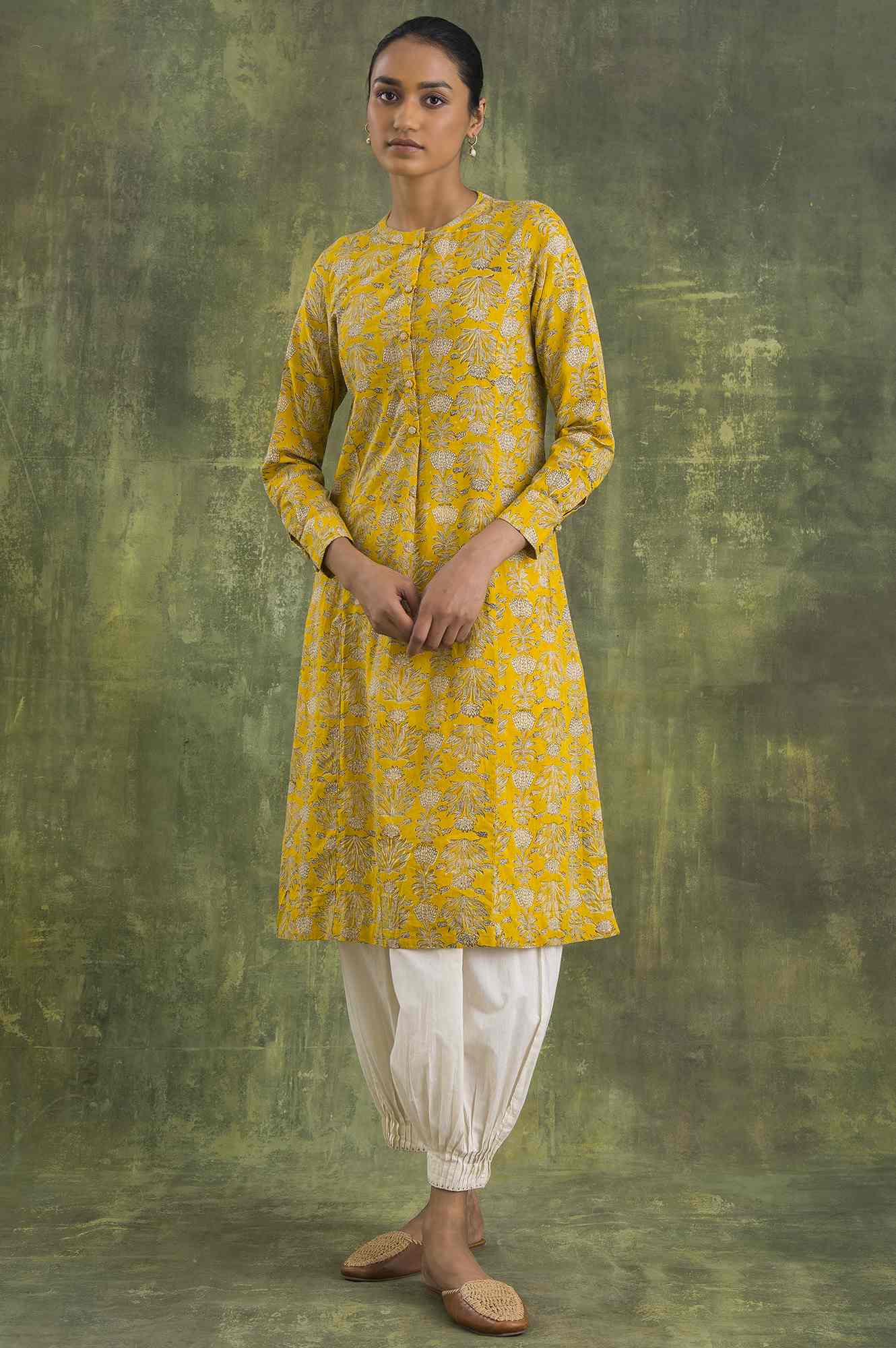 Yellow Hand Block Printed Shirt Dress