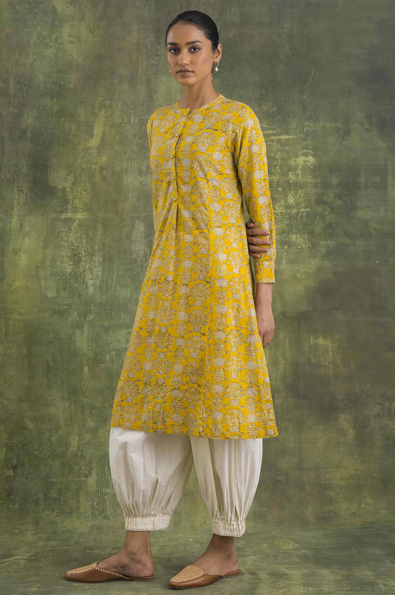 Yellow Hand Block Printed Shirt Dress