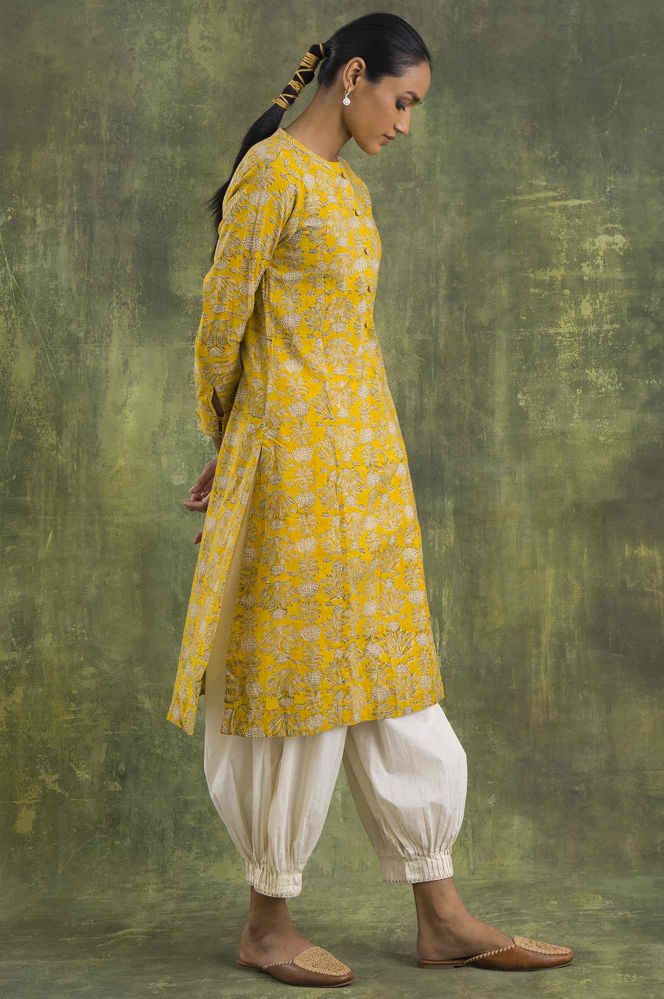 Yellow Hand Block Printed Shirt Dress