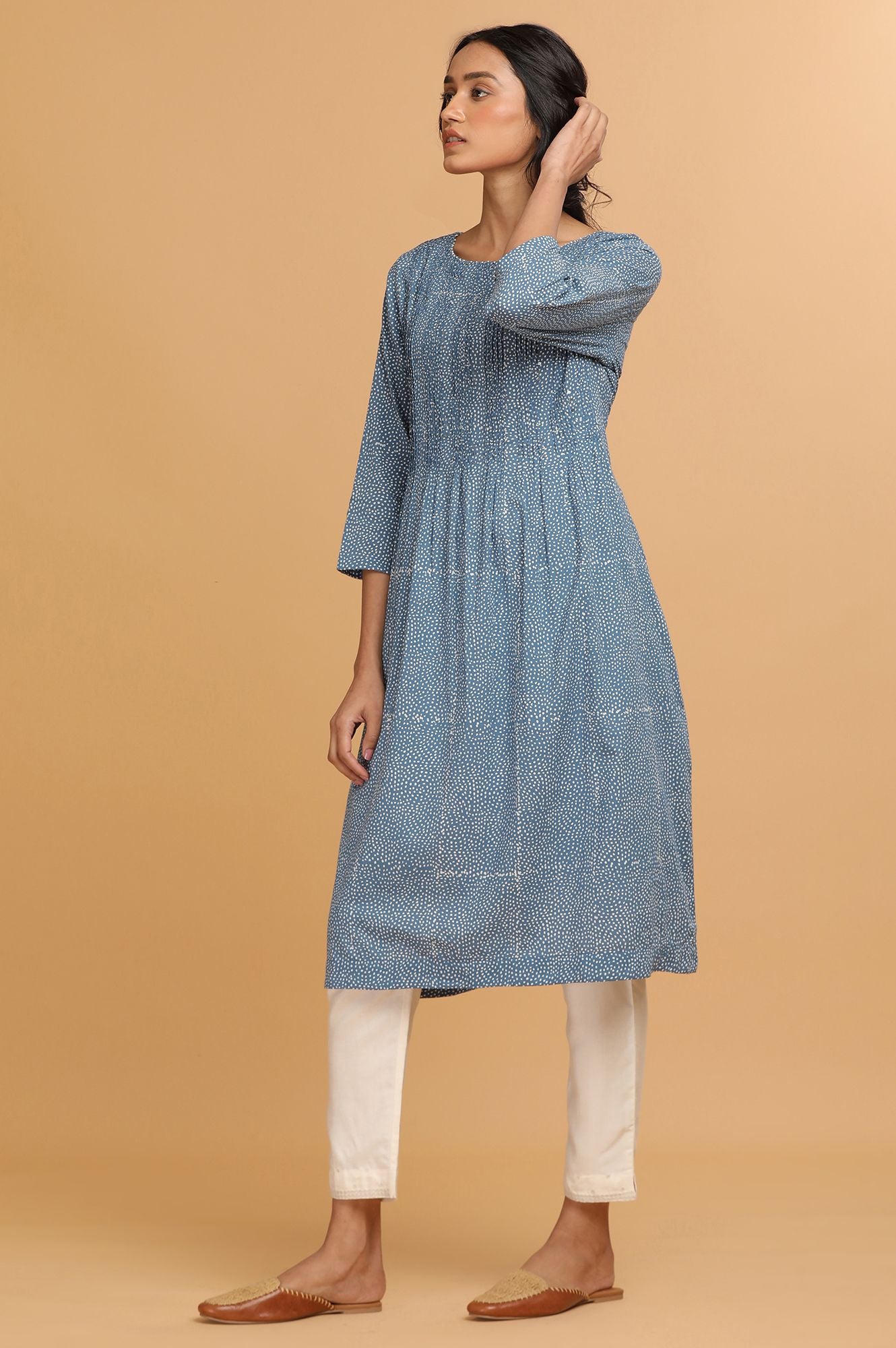 Indigo Hand Block Print Pintuck Dress