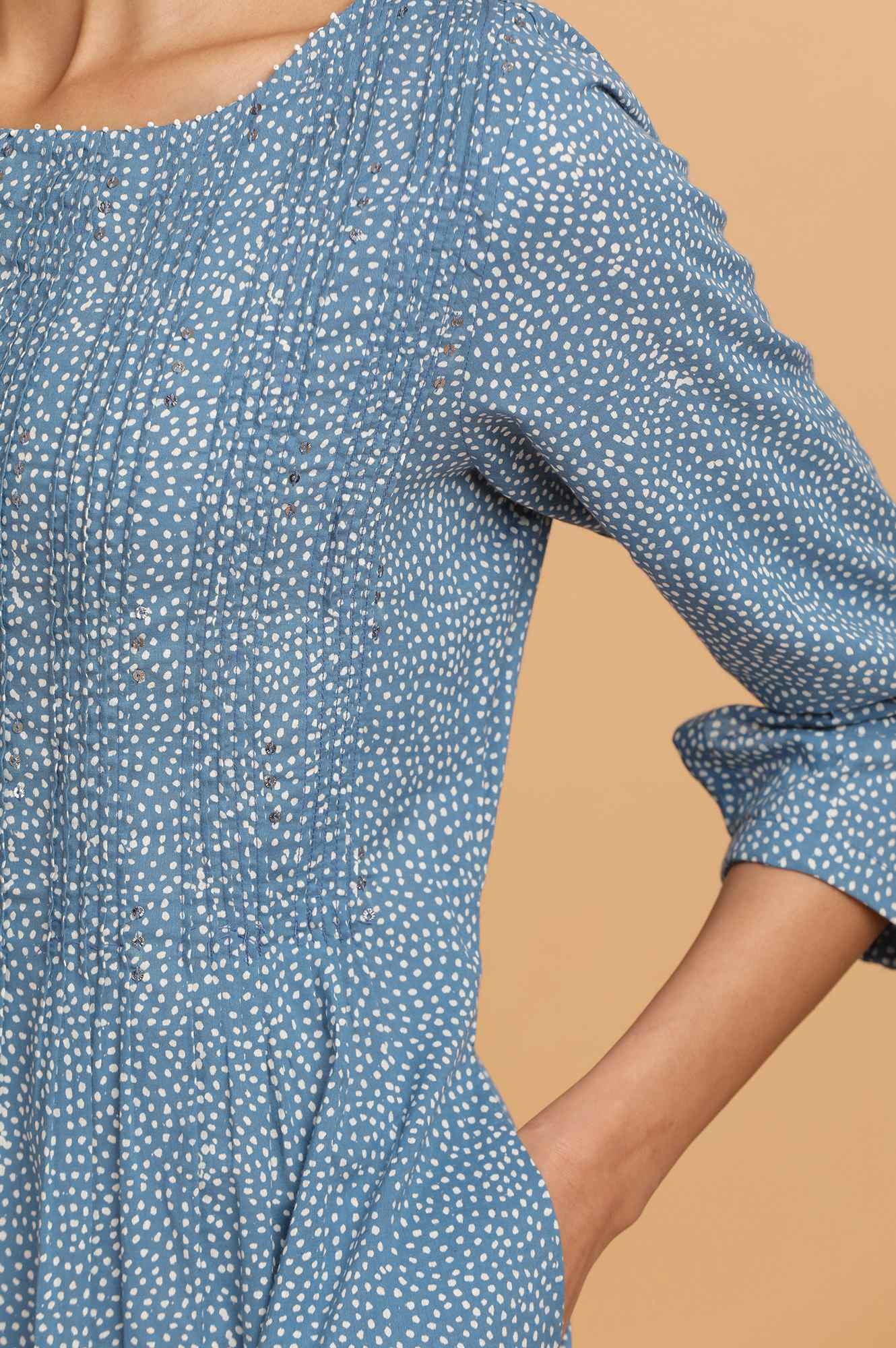 Indigo Hand Block Print Pintuck Dress