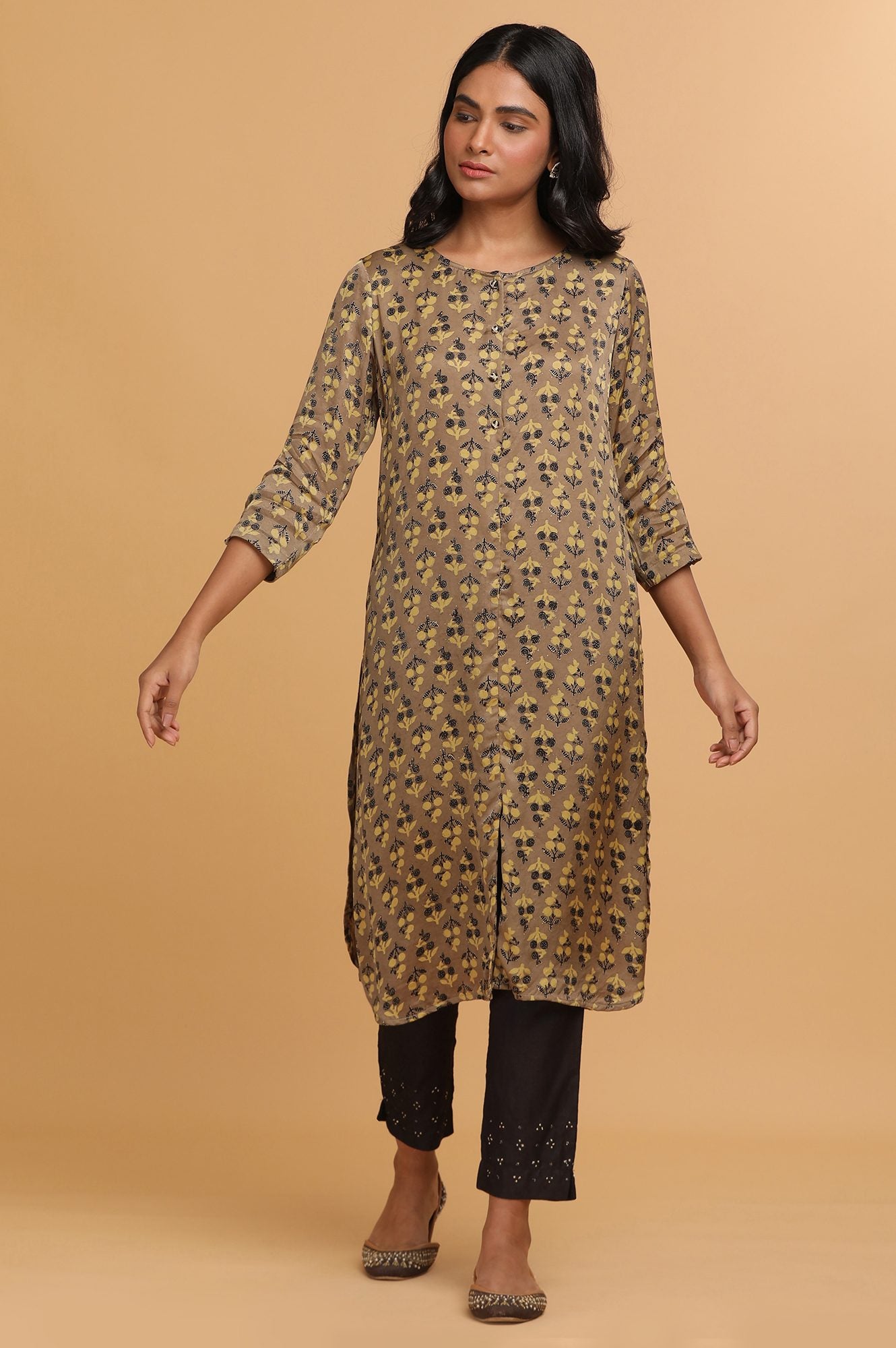 Beige Ajrakh Print Mid-Length kurta