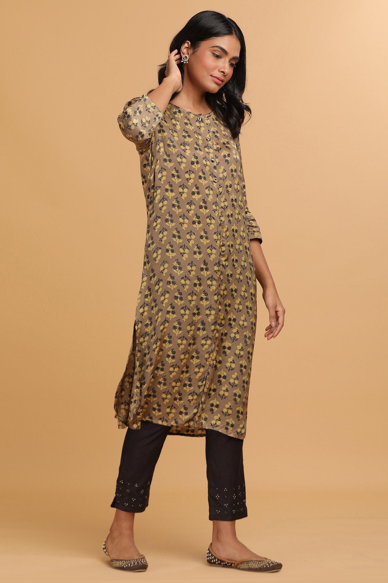 Beige Ajrakh Print Mid-Length kurta