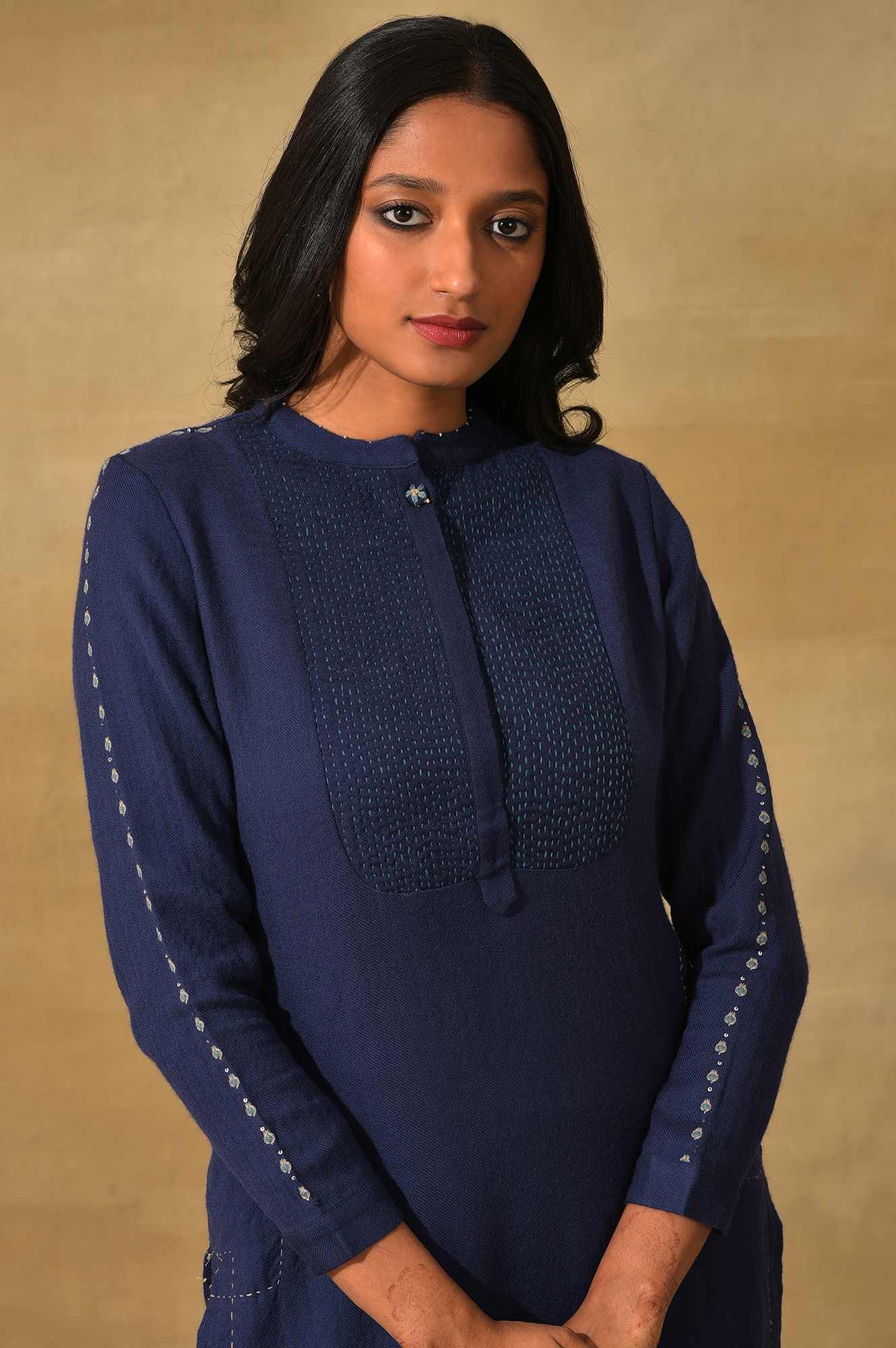 Blue Mandarin Neck Woollen kurta