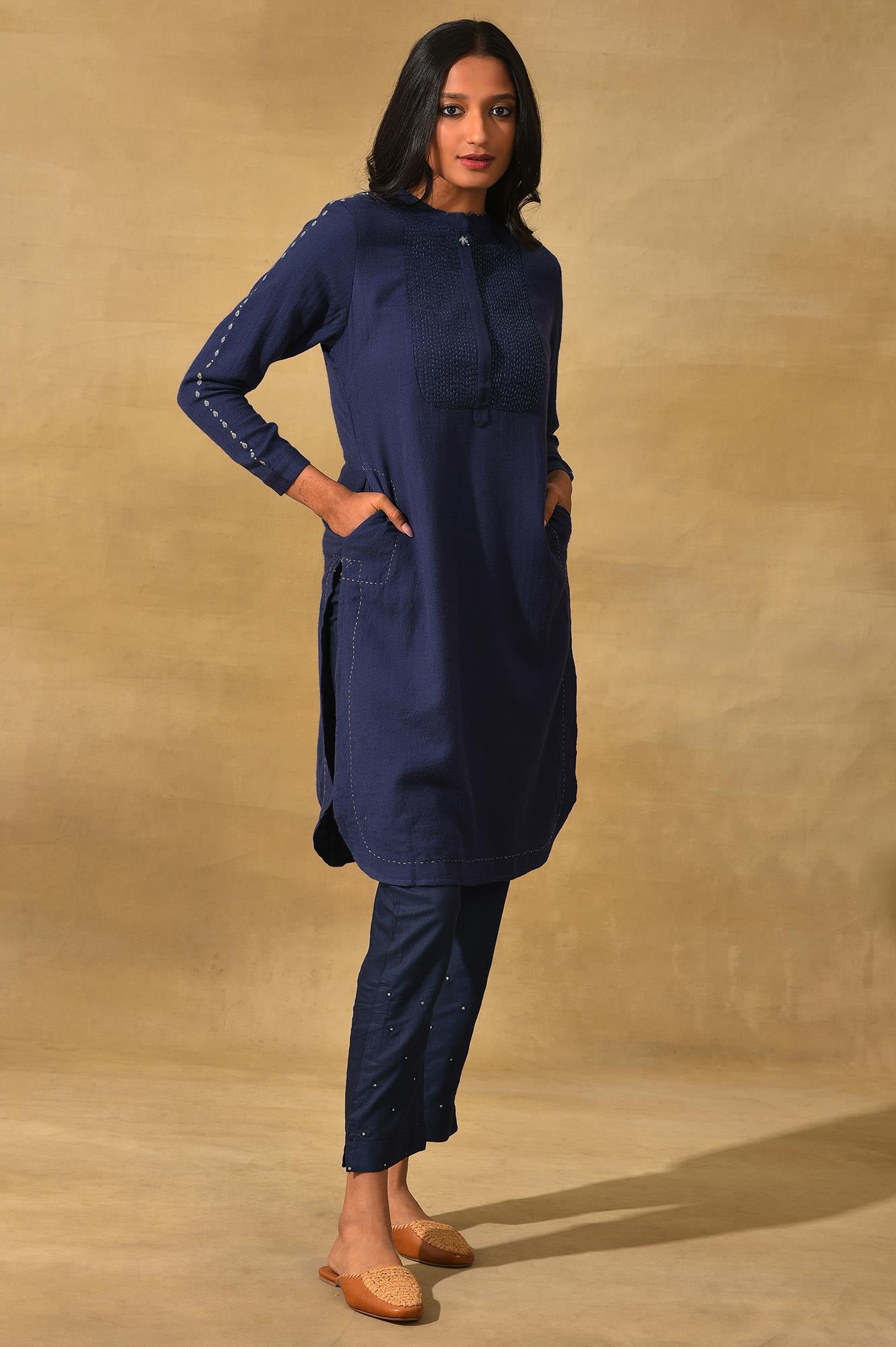Blue Mandarin Neck Woollen kurta