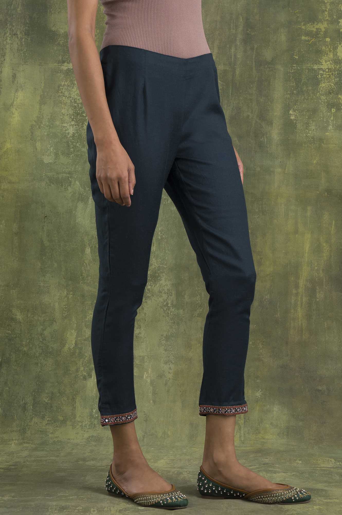 Teal Blue Solid Slim Pants