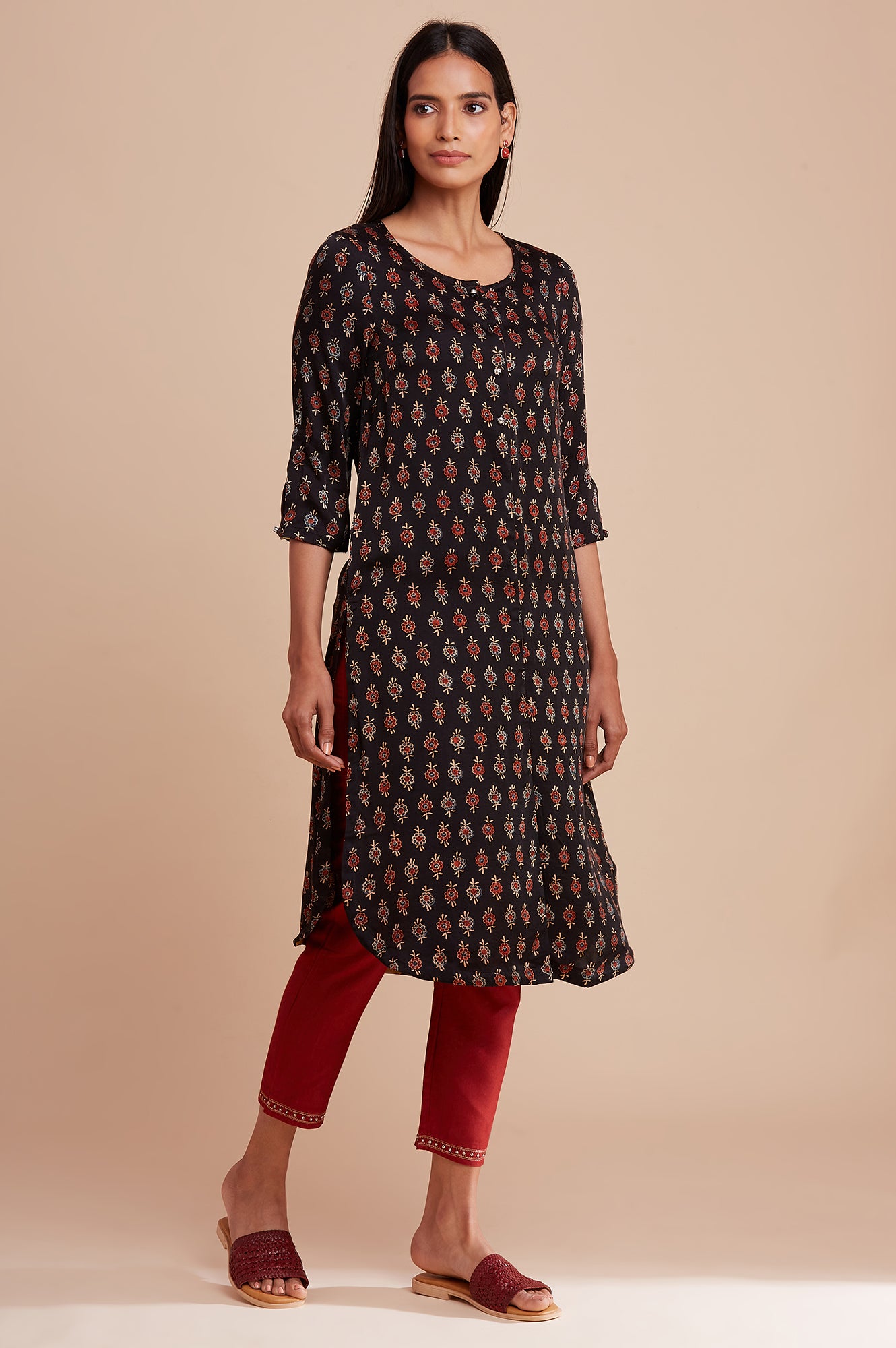 Brown Ajrakh Print Mid-Length kurta