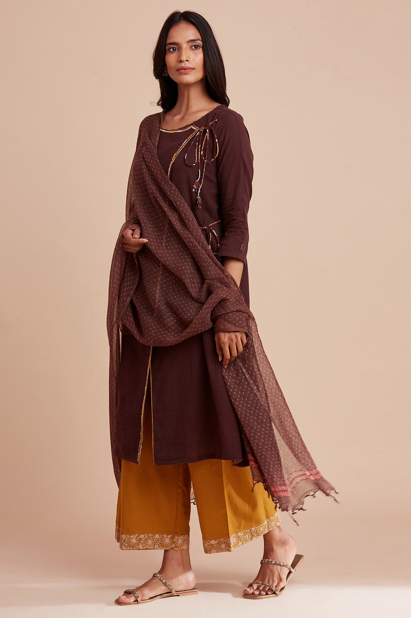 Brown Wrapped cotton kurta with tie up detail