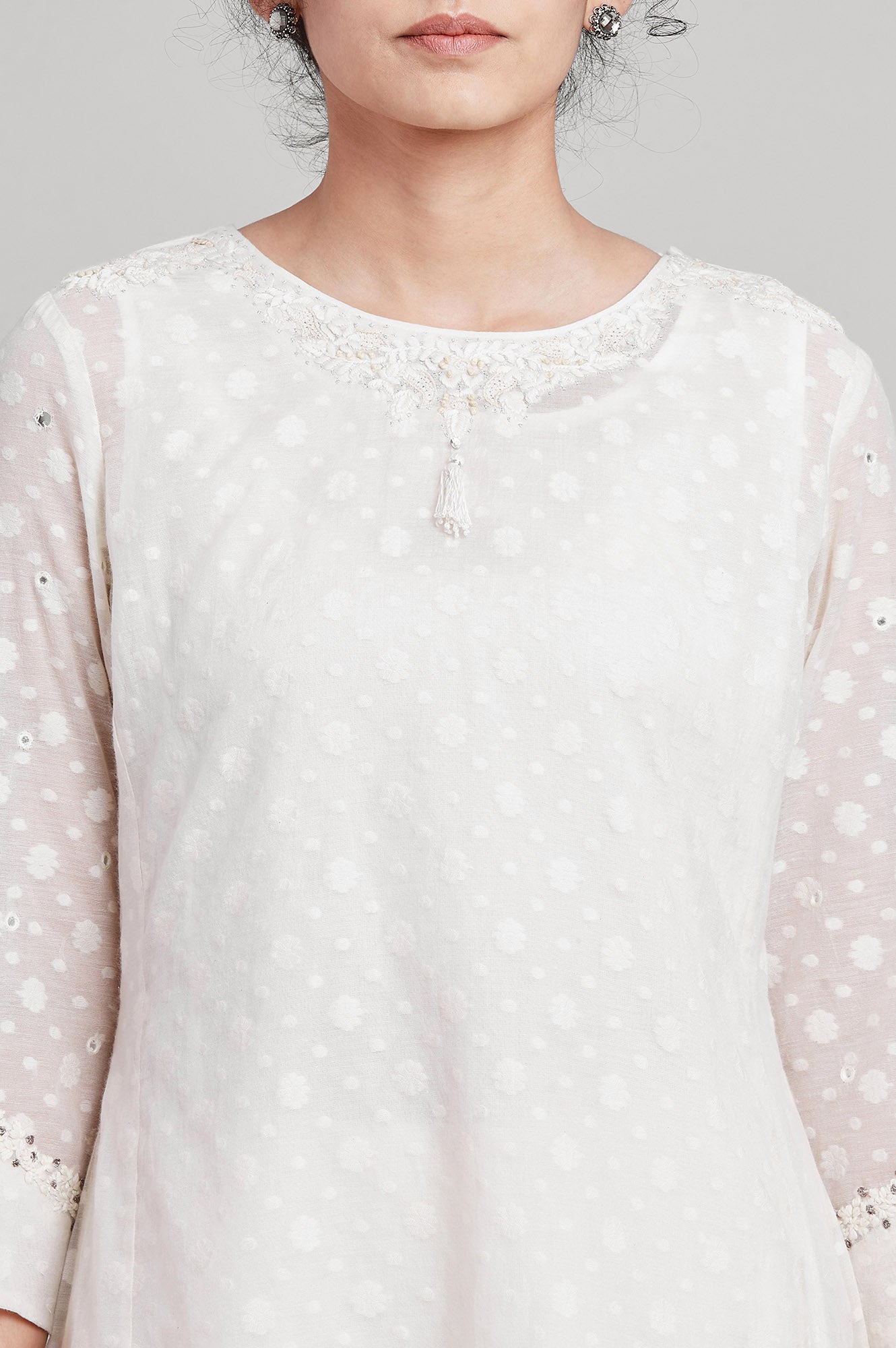 Ecru Flared Booti Jacquard kurta