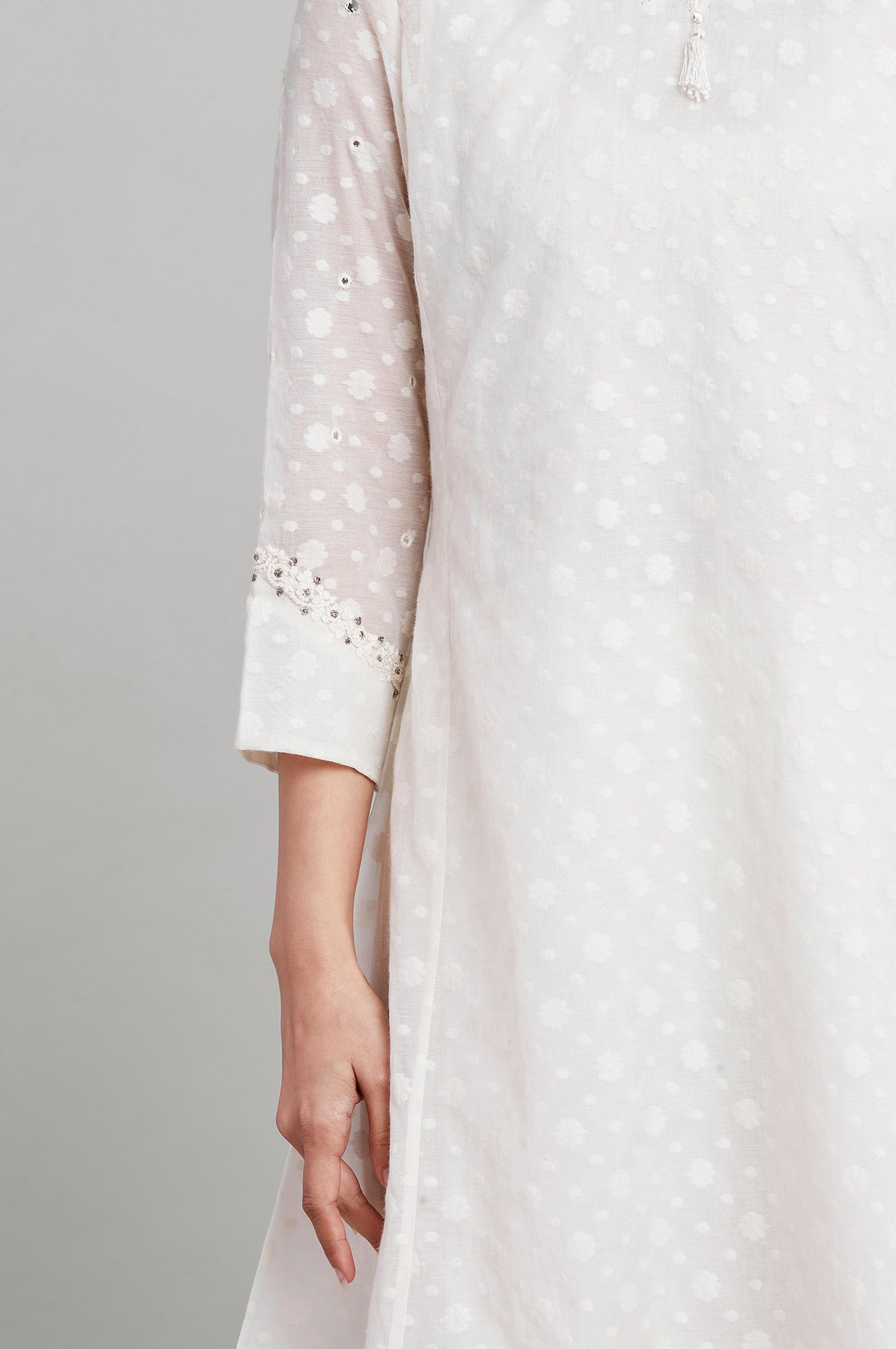 Ecru Flared Booti Jacquard kurta